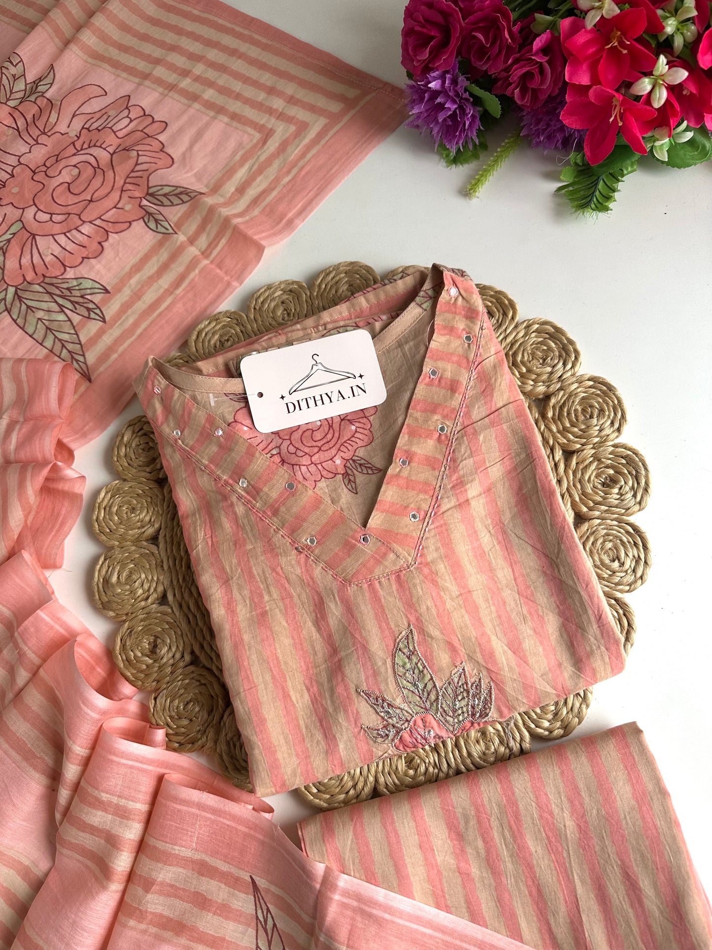 K629 - Mul cotton embroidered Aline Kurti with pants and dupatta