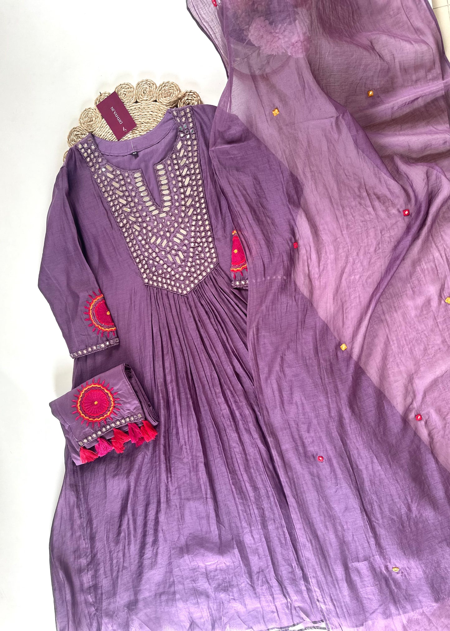 K052 - Pure Mul Chanderi mirror work  Anarkali with pants and dupatta.