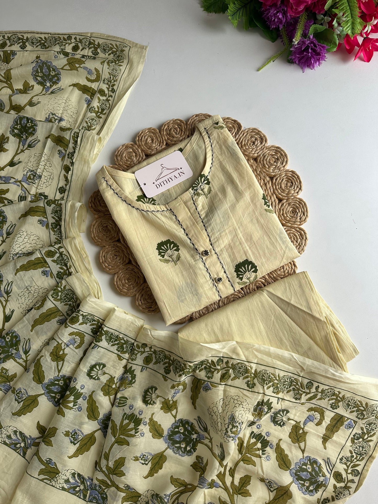 K666 - Mul cotton embroidered straight Kurti with pants and dupatta