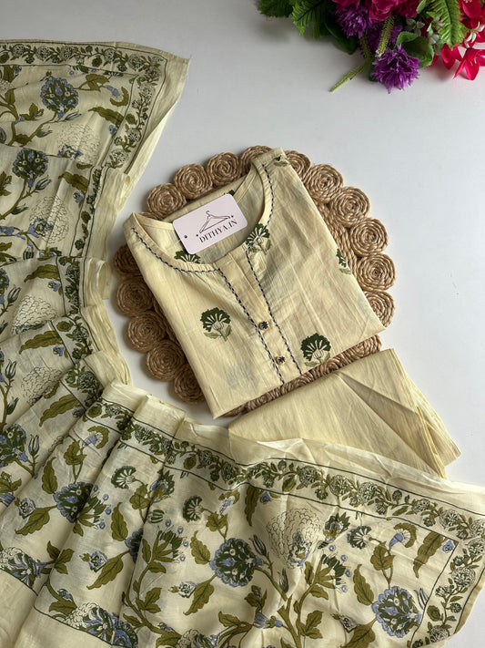 K666 - Mul cotton embroidered straight Kurti with pants and dupatta