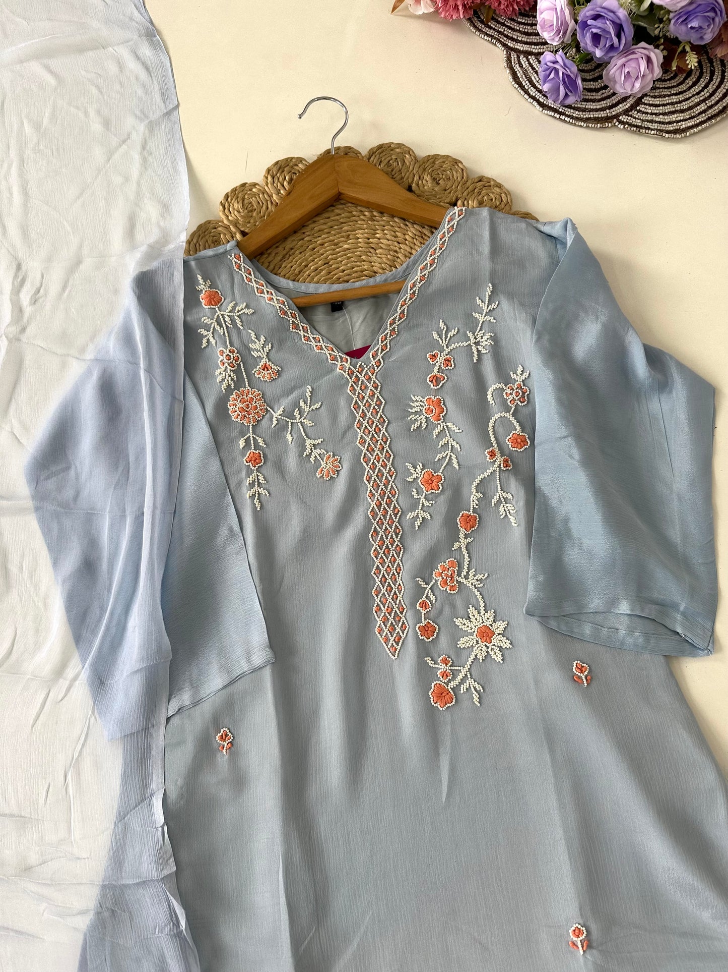 D087 -Chinnon silk straight kurti with pants and dupatta