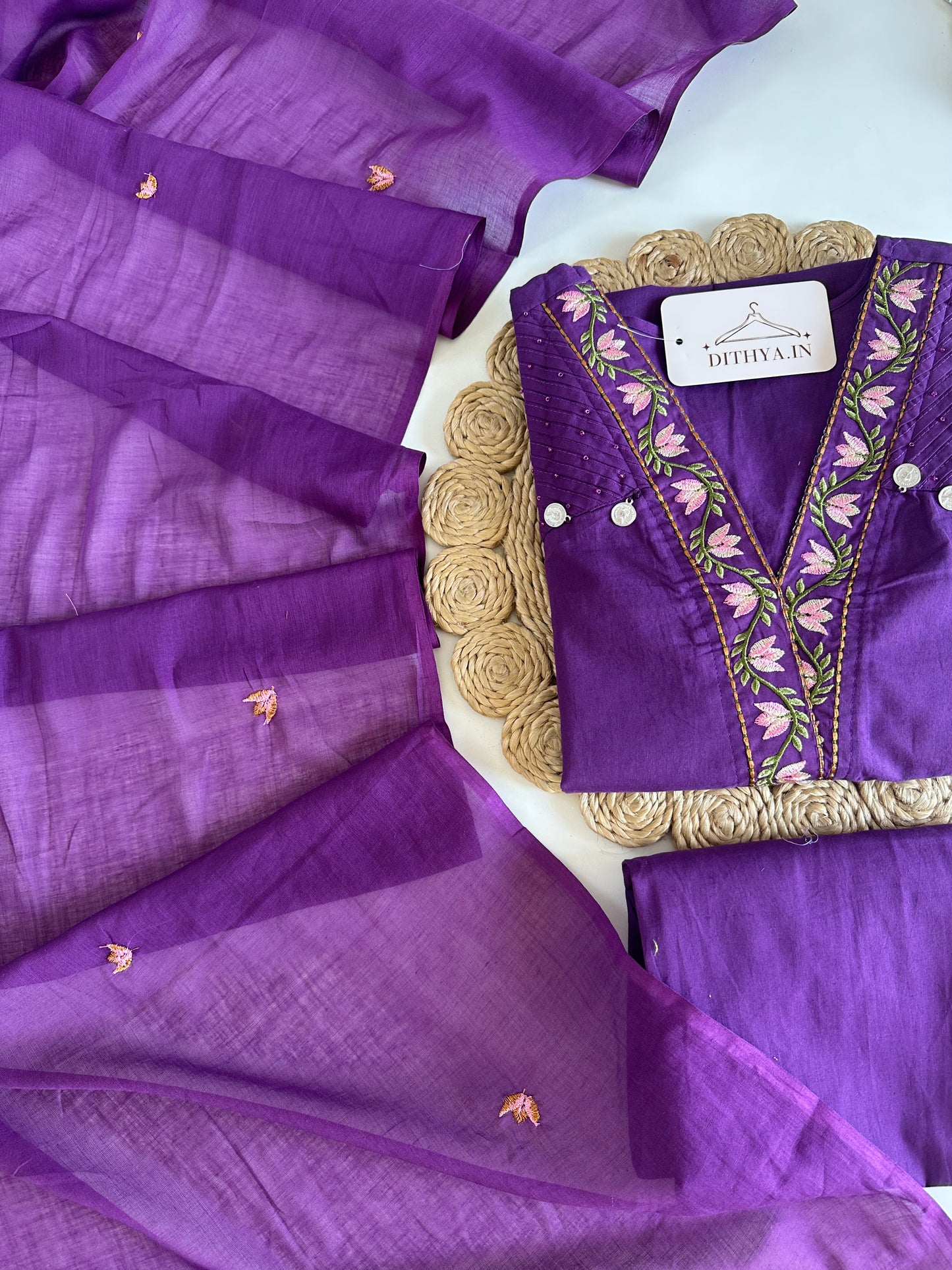 K690 - Mul cotton embroidered straight Kurti with pants and dupatta