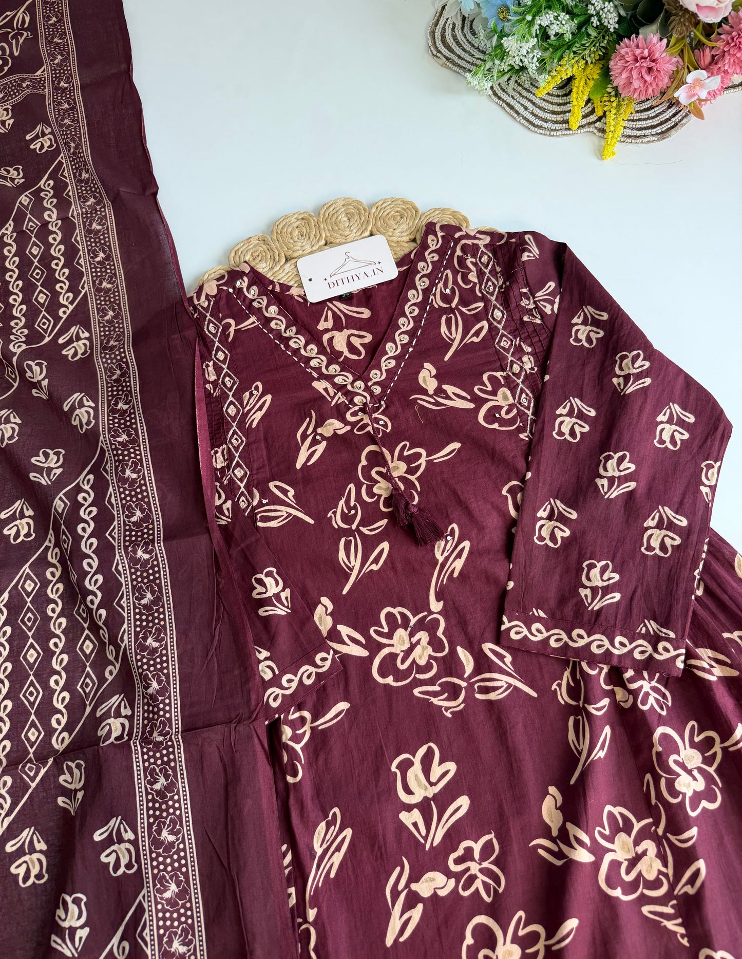 K647 - Mul cotton embroidered Aline Kurti with pants and dupatta