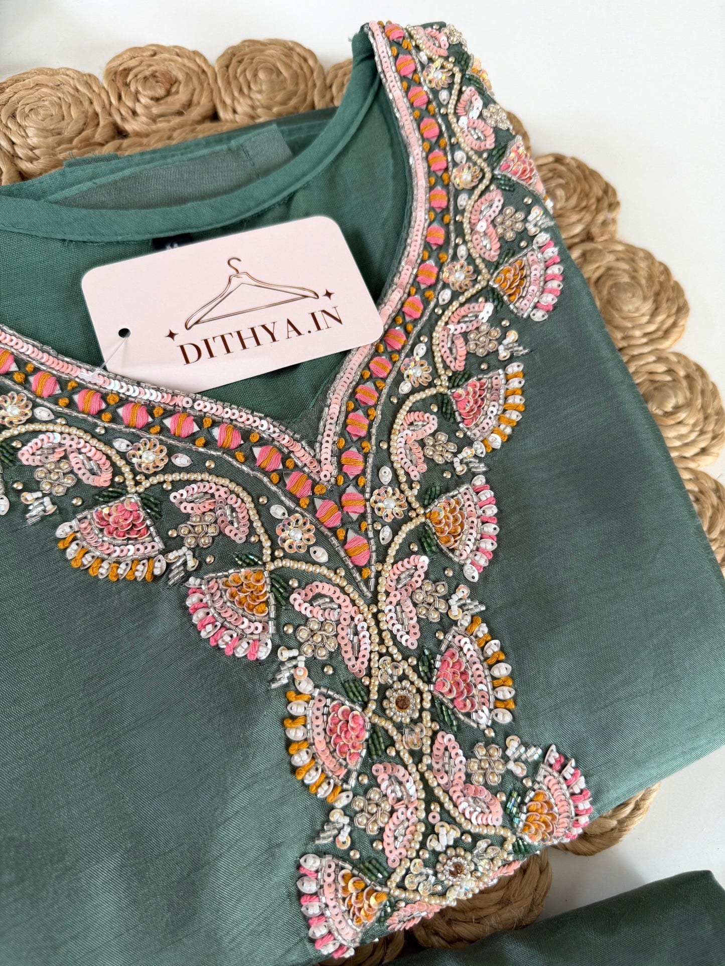 K642 - Dola silk Handwork straight Kurti with pants and dupatta