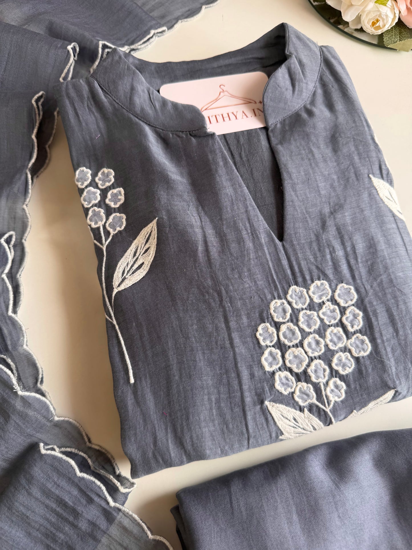 K336 - Mul chanderi appliqué embroidered Aline Kurti with pants and dupatta