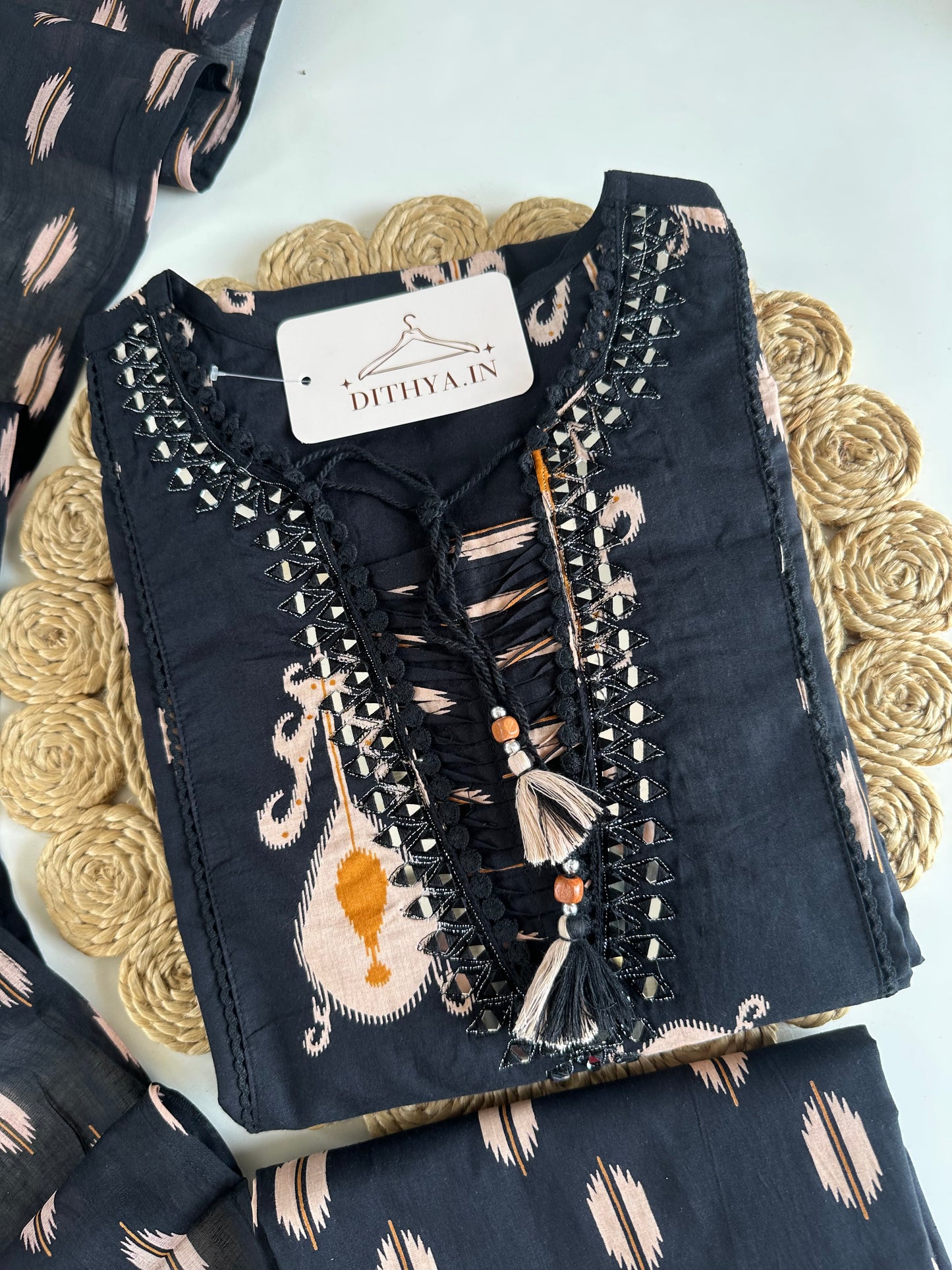 K685 - Mul cotton embroidered Aline Kurti with pants and dupatta