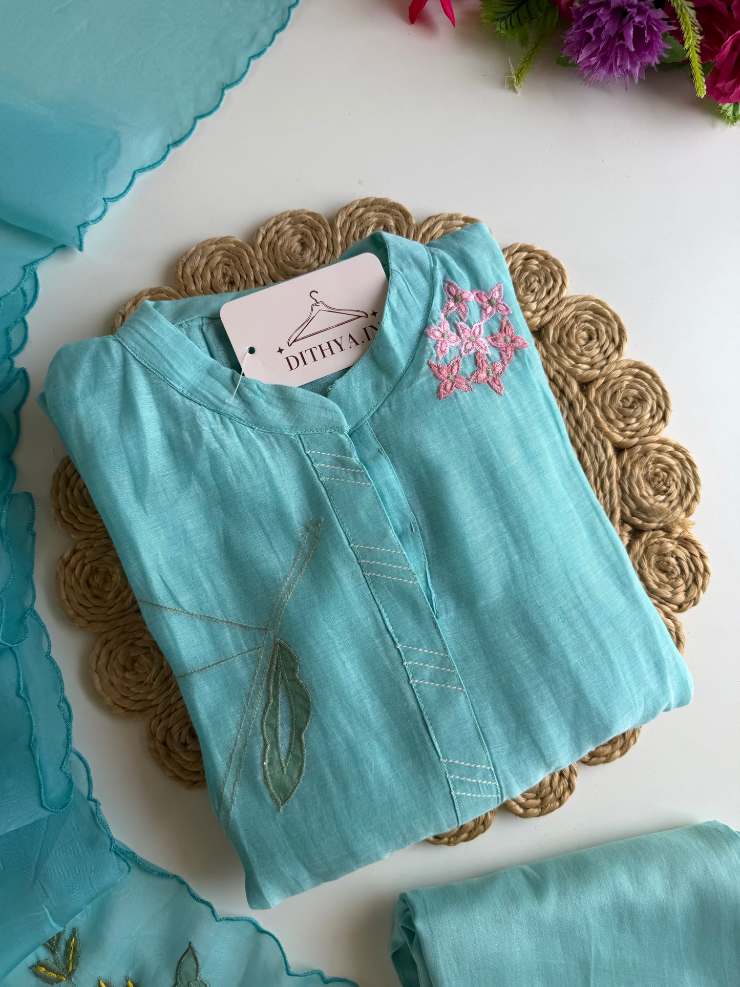 K589 - Mul chanderi appliqué embroidered Aline Kurti with pants and dupatta