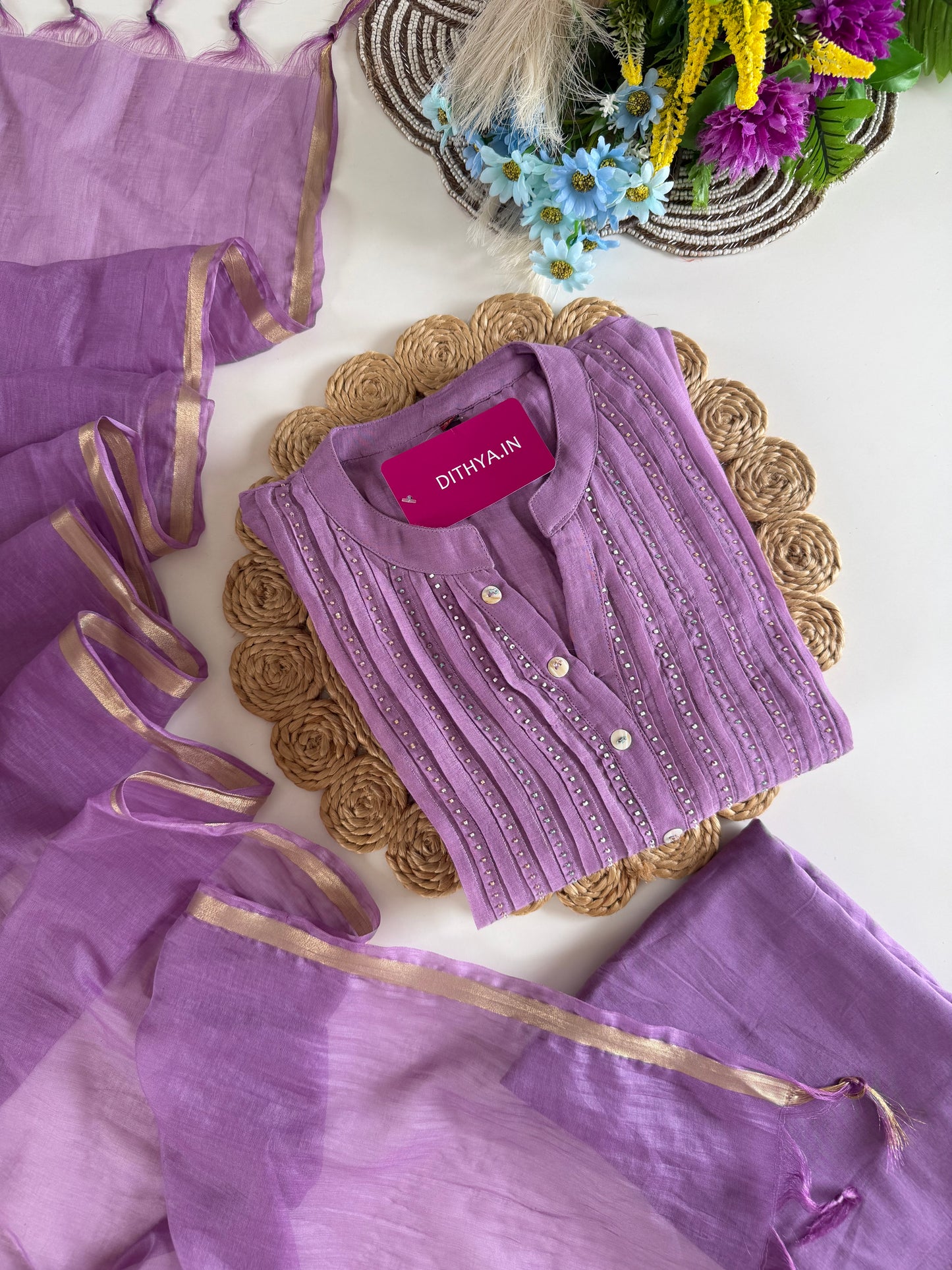 K616 - Mul chanderi appliqué work aline Kurti with pants and dupatta