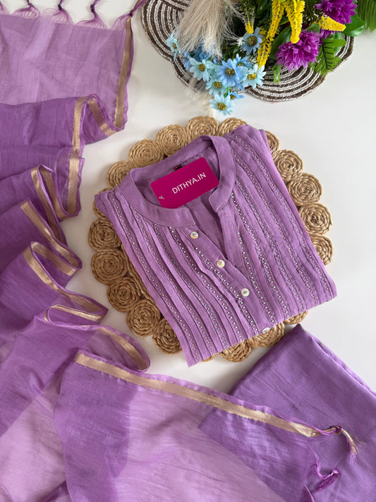 K616 - Mul chanderi appliqué work aline Kurti with pants and dupatta