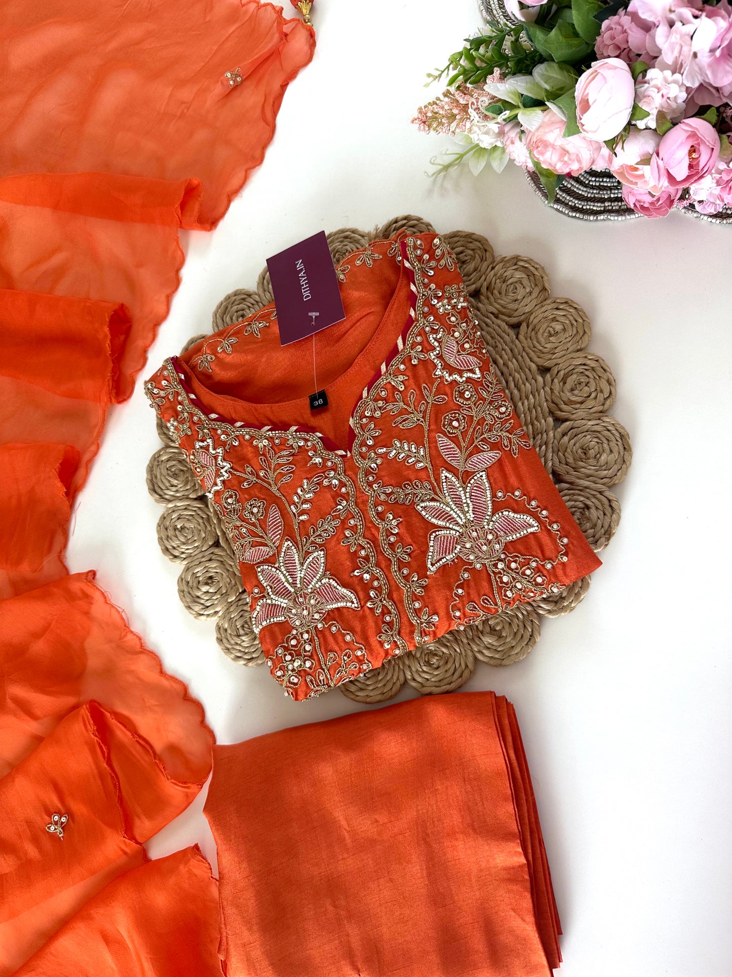 K181 - Russian silk handwork Straight kurti with straight pants and dupatta .