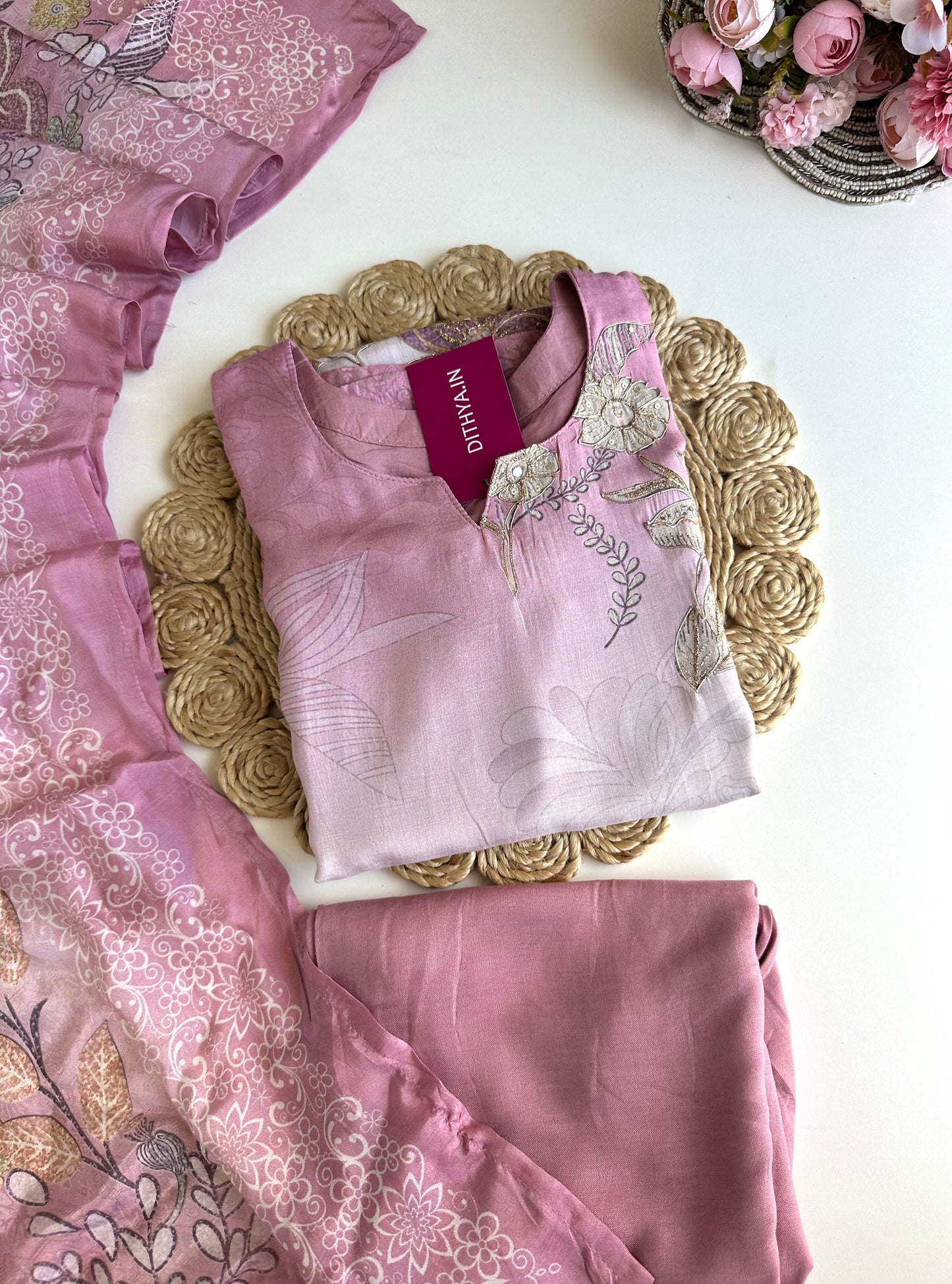 K416 - Muslin printed straight Kurti with pants and dupatta
