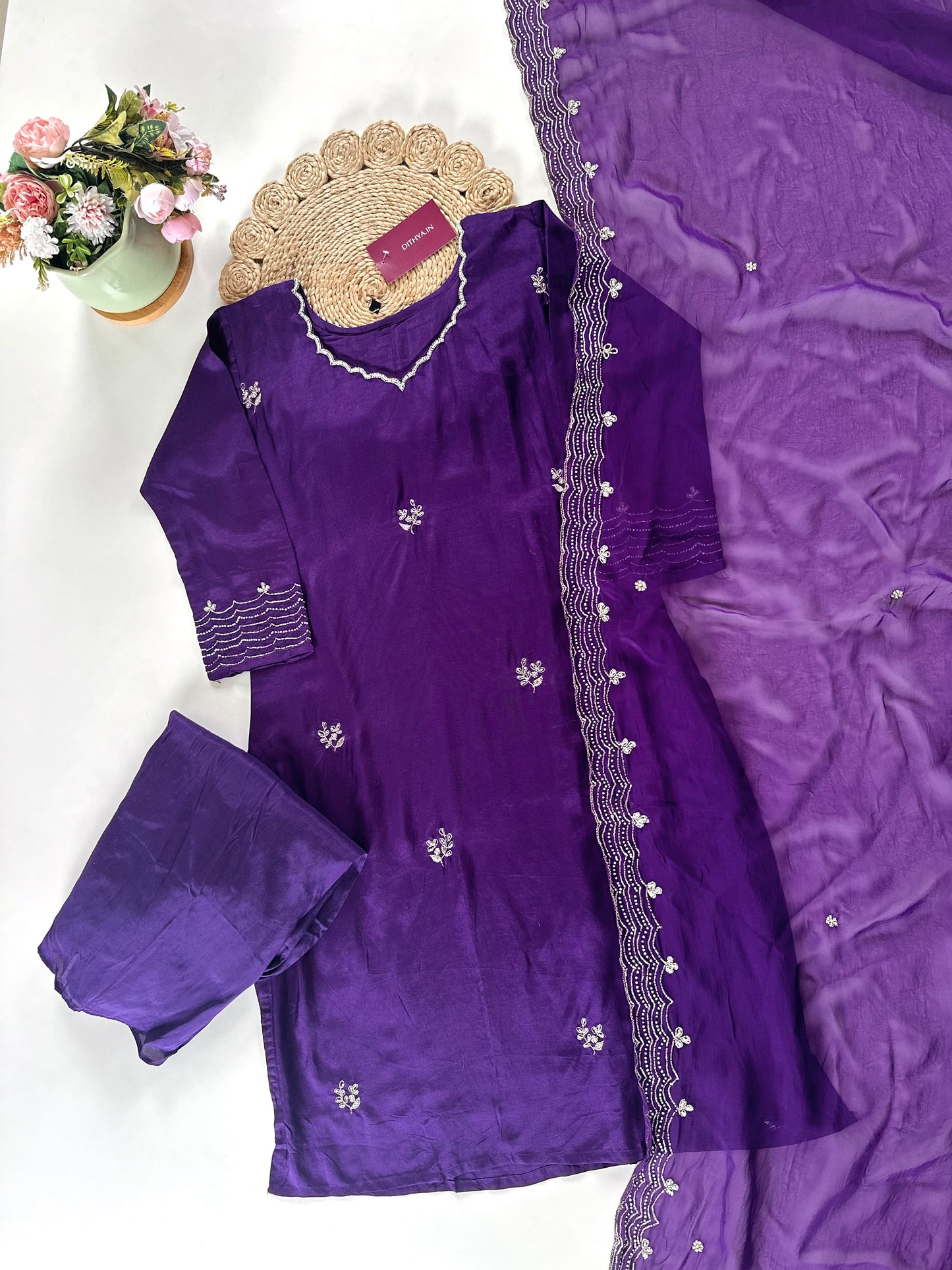 K131 - Russian silk handwork straight kurti with sharara and dupatta .