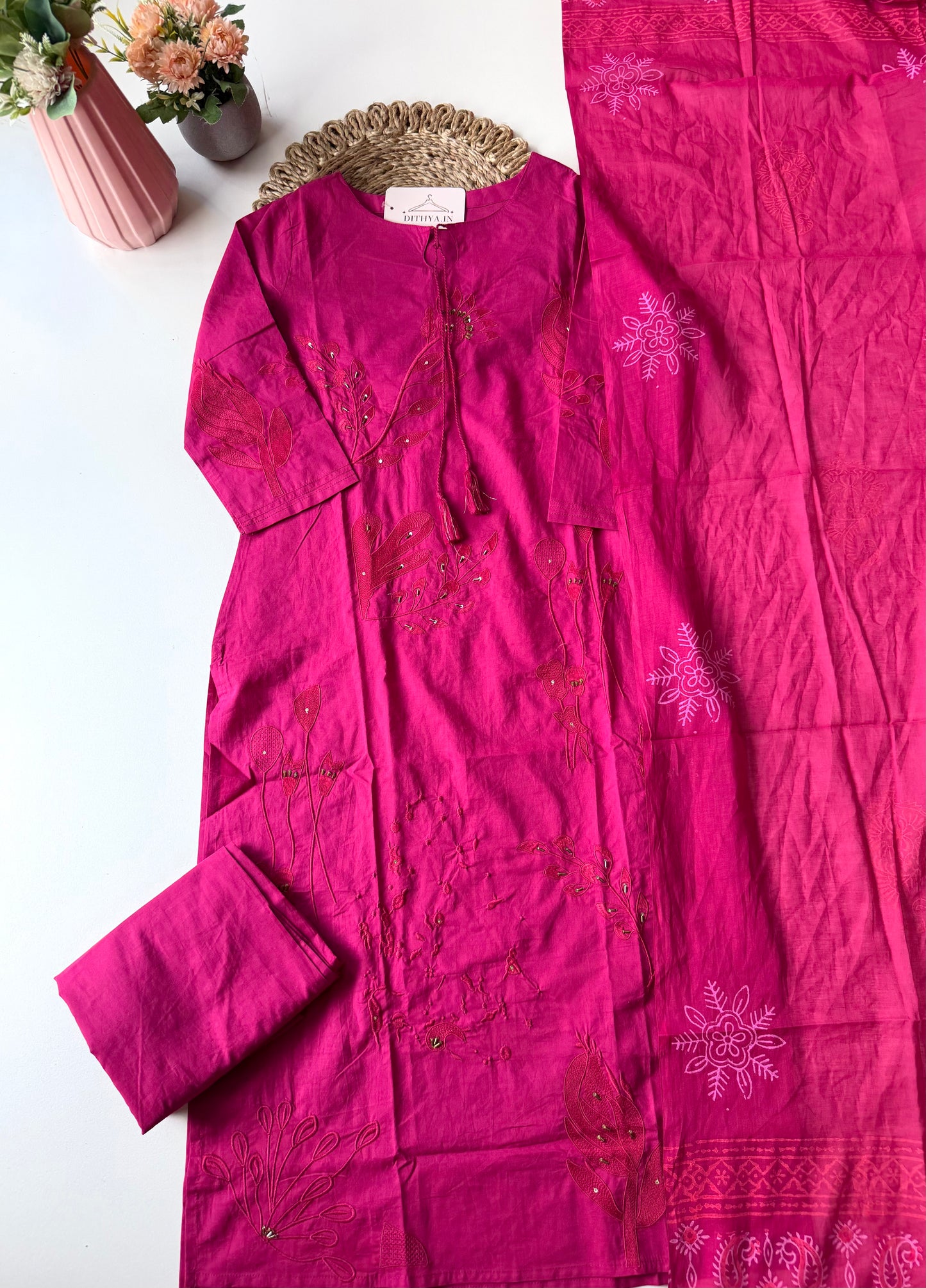 K583 - Cotton embroidery straight Kurti with pants and dupatta in 2 colours