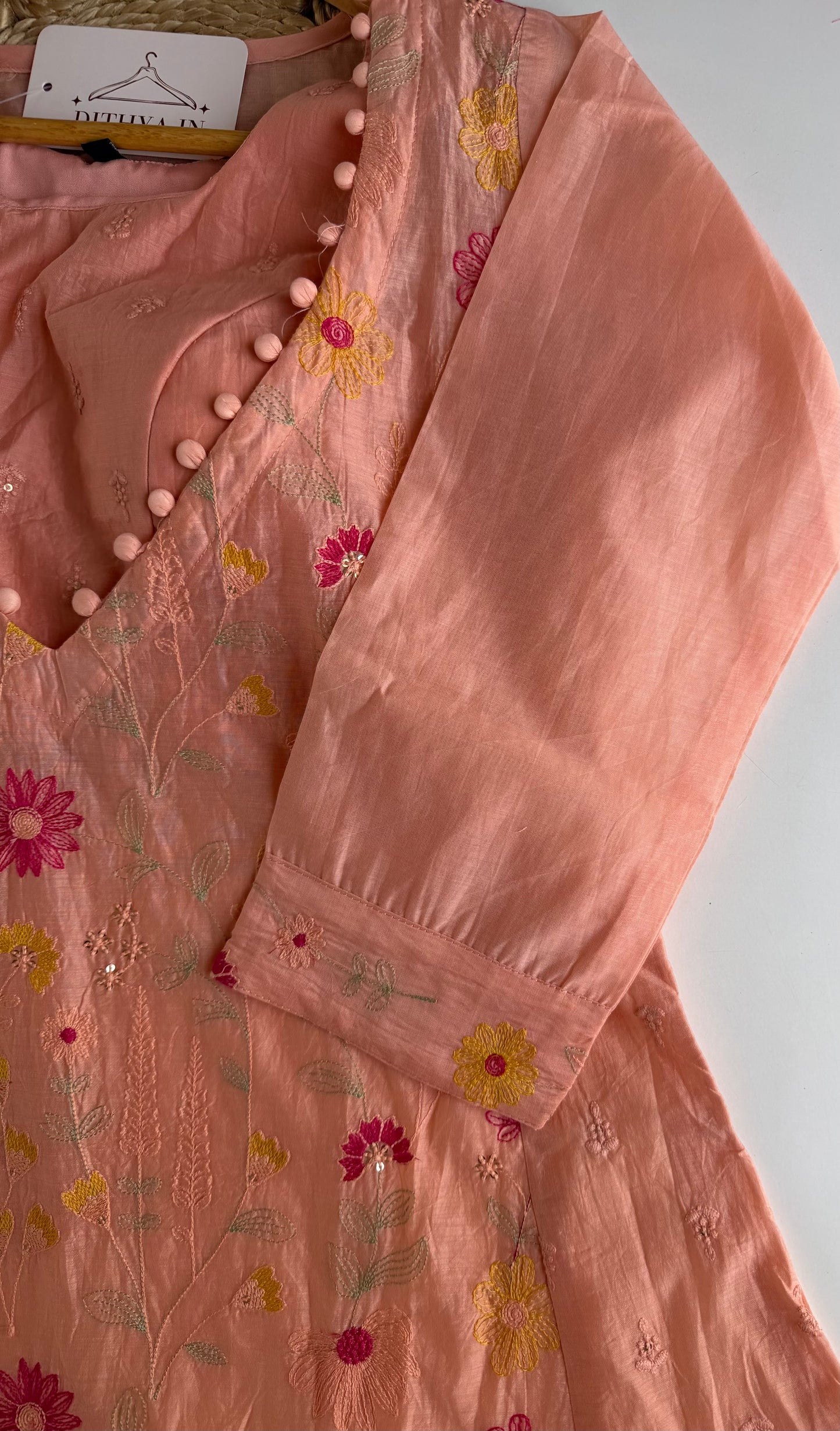 K293 - Mul chanderi embroidered padded inner Aline Kurti with pants and dupatta