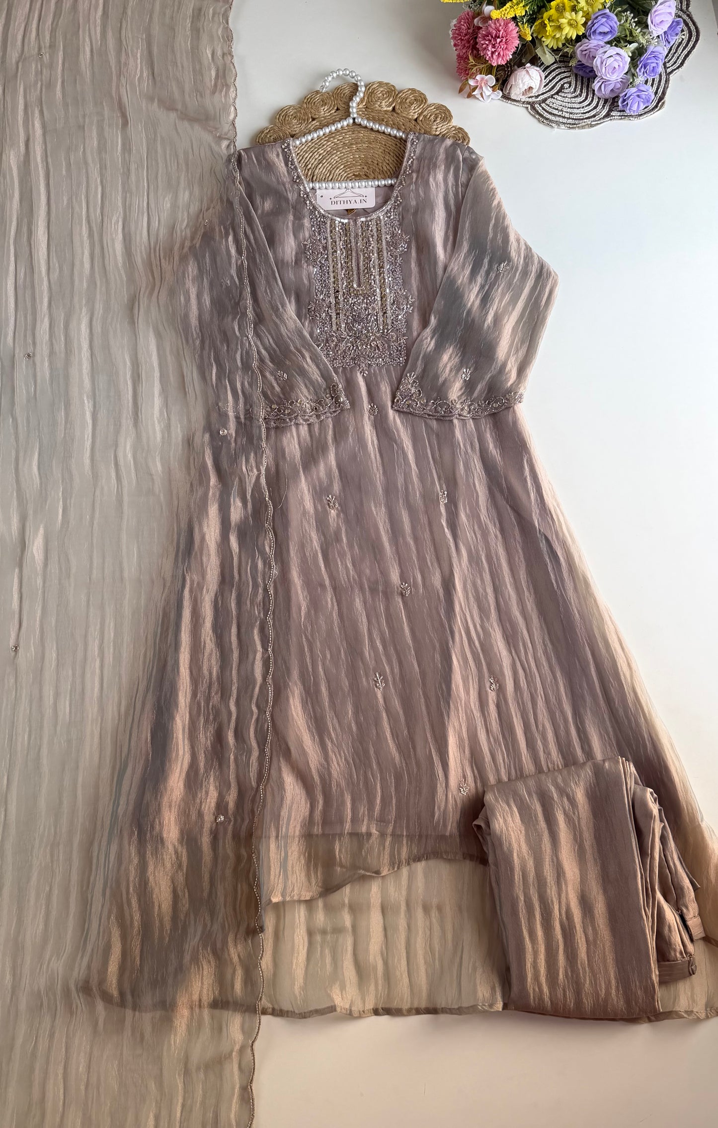 K437 - Glass tissue silk handwork aline Kurti with pants and dupatta