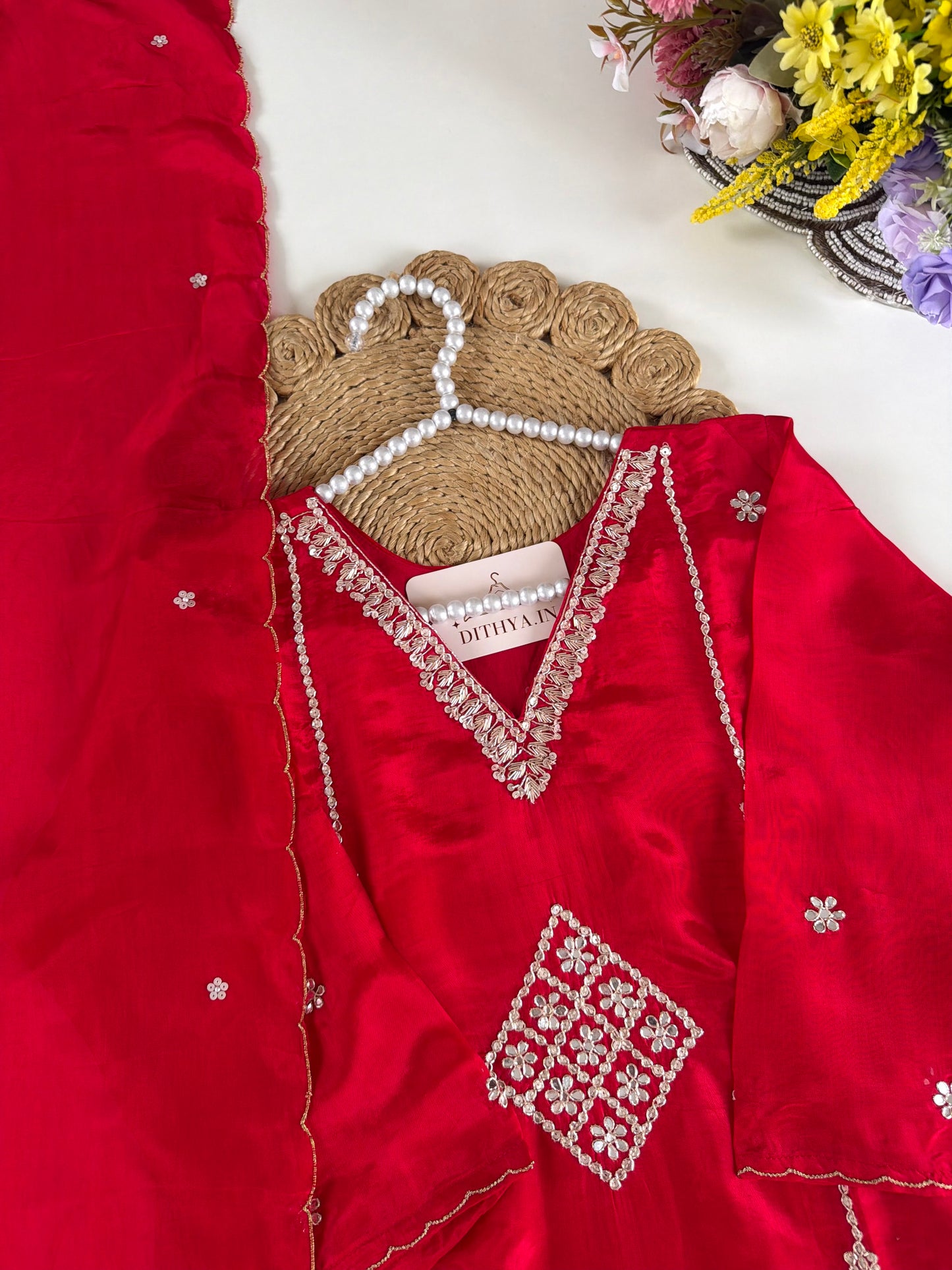 K375 - Pure crape gota work short Kurti with divider pants and dupatta