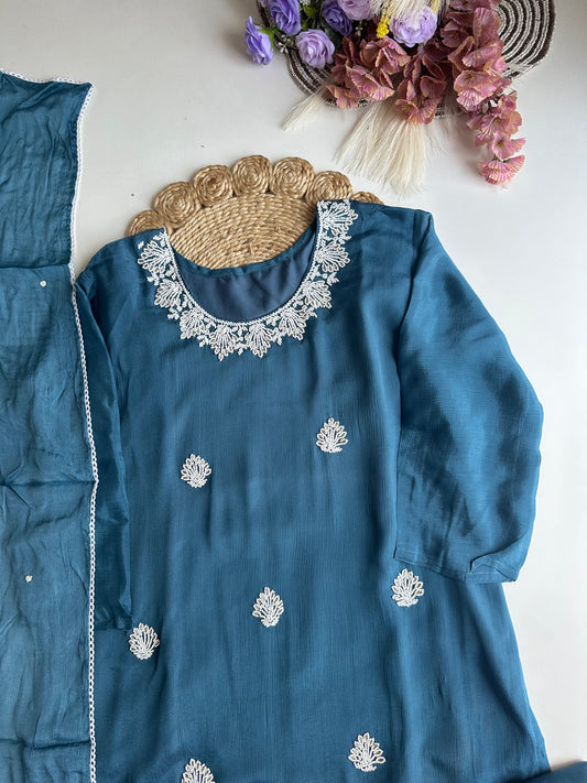 D258 - Chinnon silk straight kurti with pants and dupatta