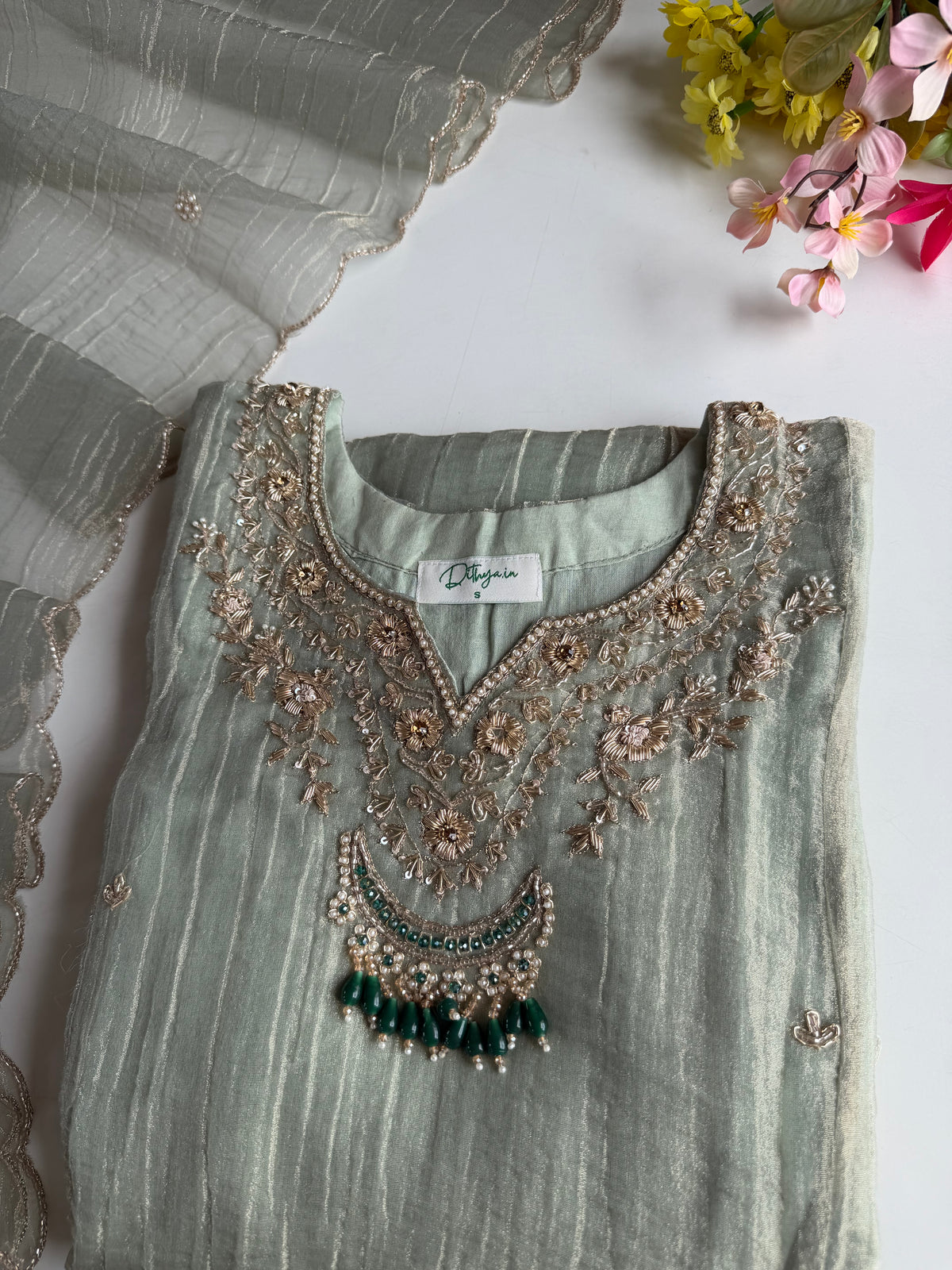 K247 - Crush tissue silk handwork aline Kurti with pants and dupatta