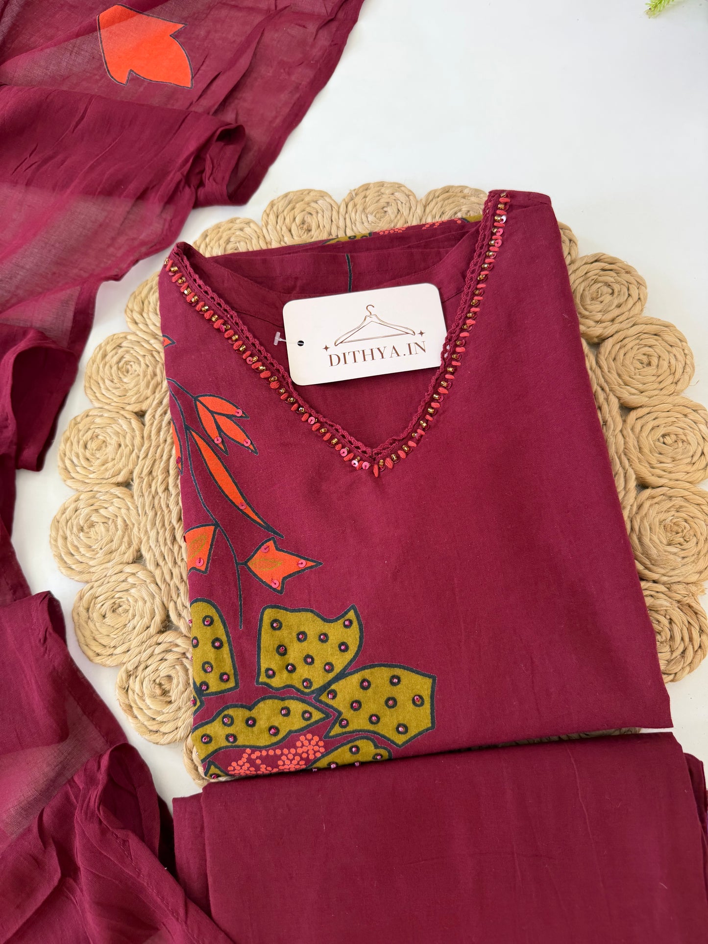K626 - Mul cotton embroidered straight Kurti with pants and dupatta