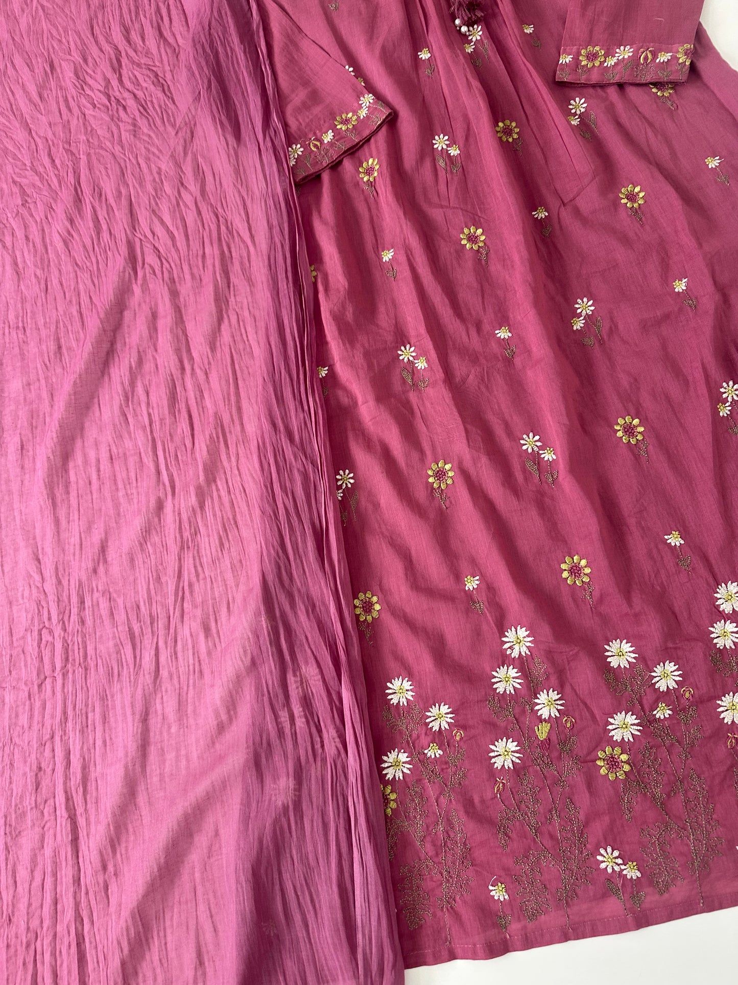 K395 - Mul cotton embroidered Aline Kurti with pants and dupatta in 3 colours