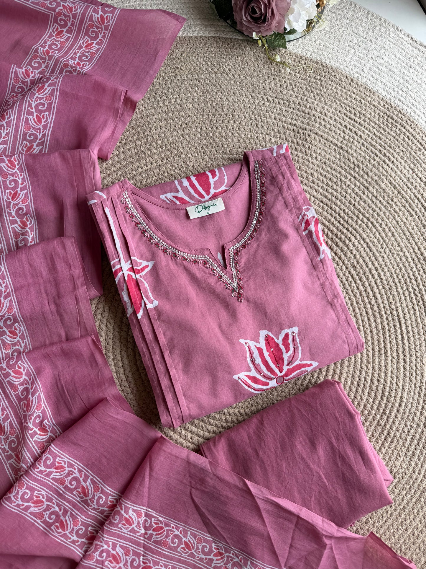 K164 - Mul cotton embroidered Aline Kurti with pants and dupatta in 3 colours