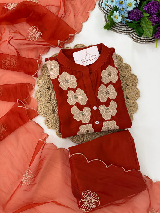 K568 - Rayon silk appliqué work straight Kurti with pants and dupatta in 2 colours