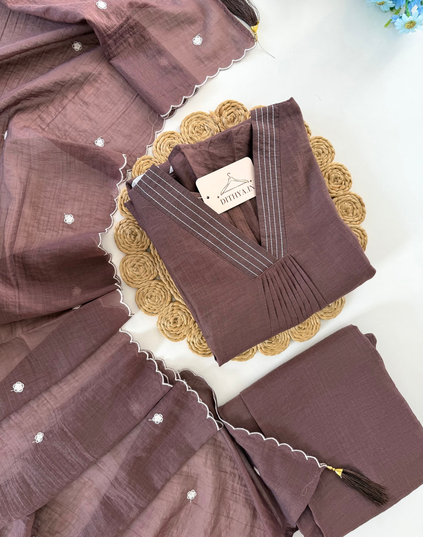 K532 - Muslin silk embroidered Aline Kurti with pants and dupatta in 2 colours