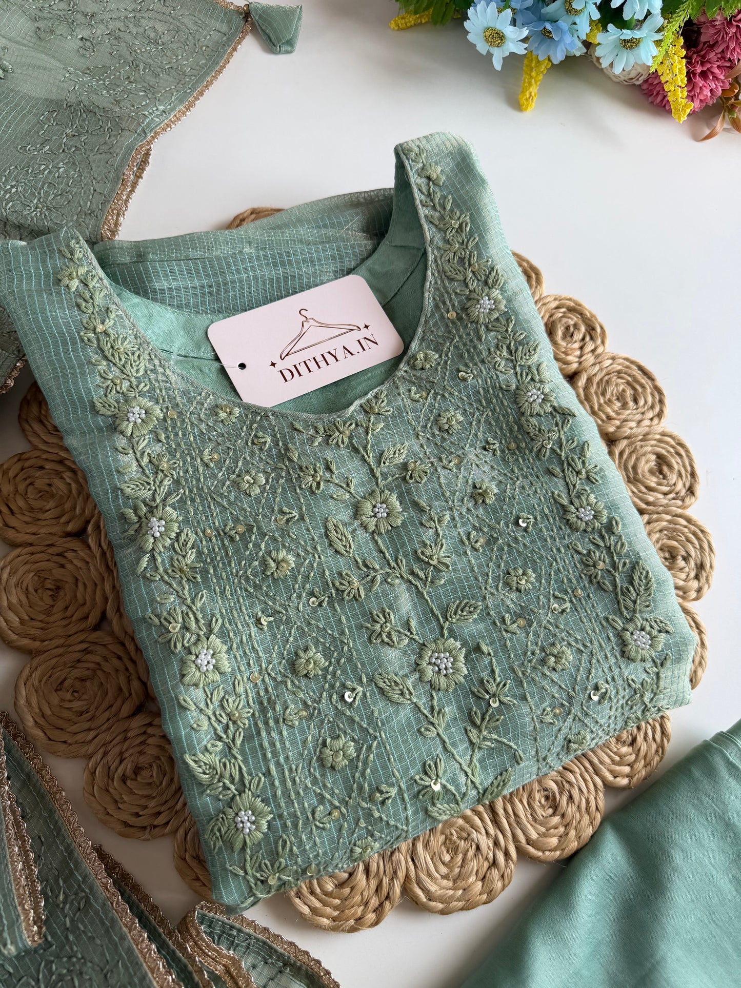 K107 - Chanderi tissue silk embroidered straight Kurti with pants and dupatta in 2 colours