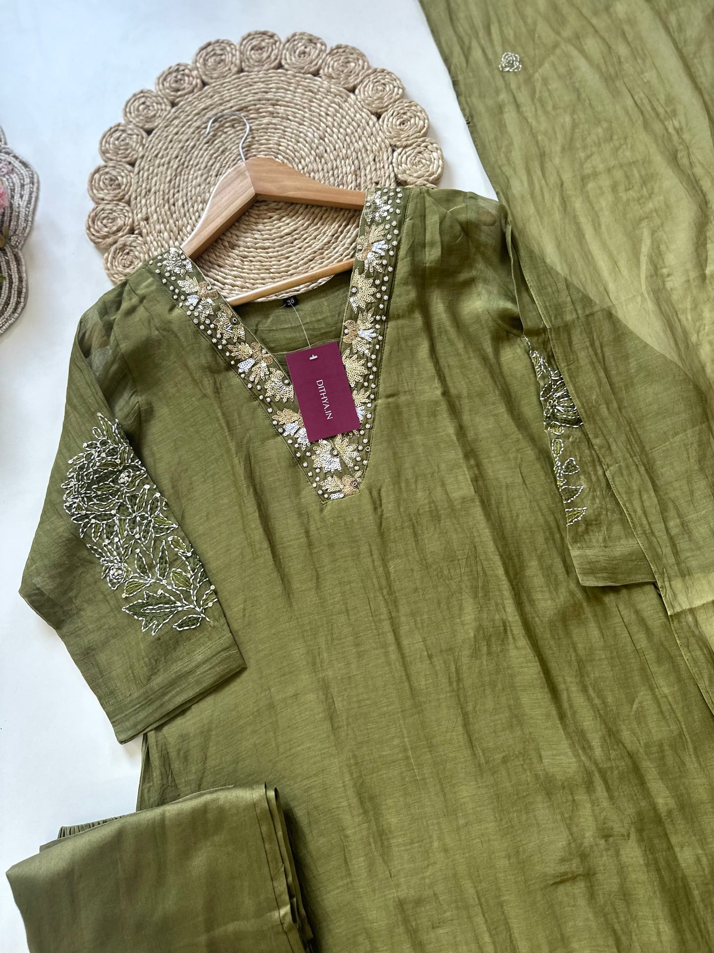 K003 - Mul Chanderi Handwork Aline kurti with pants and dupatta in 4 colours