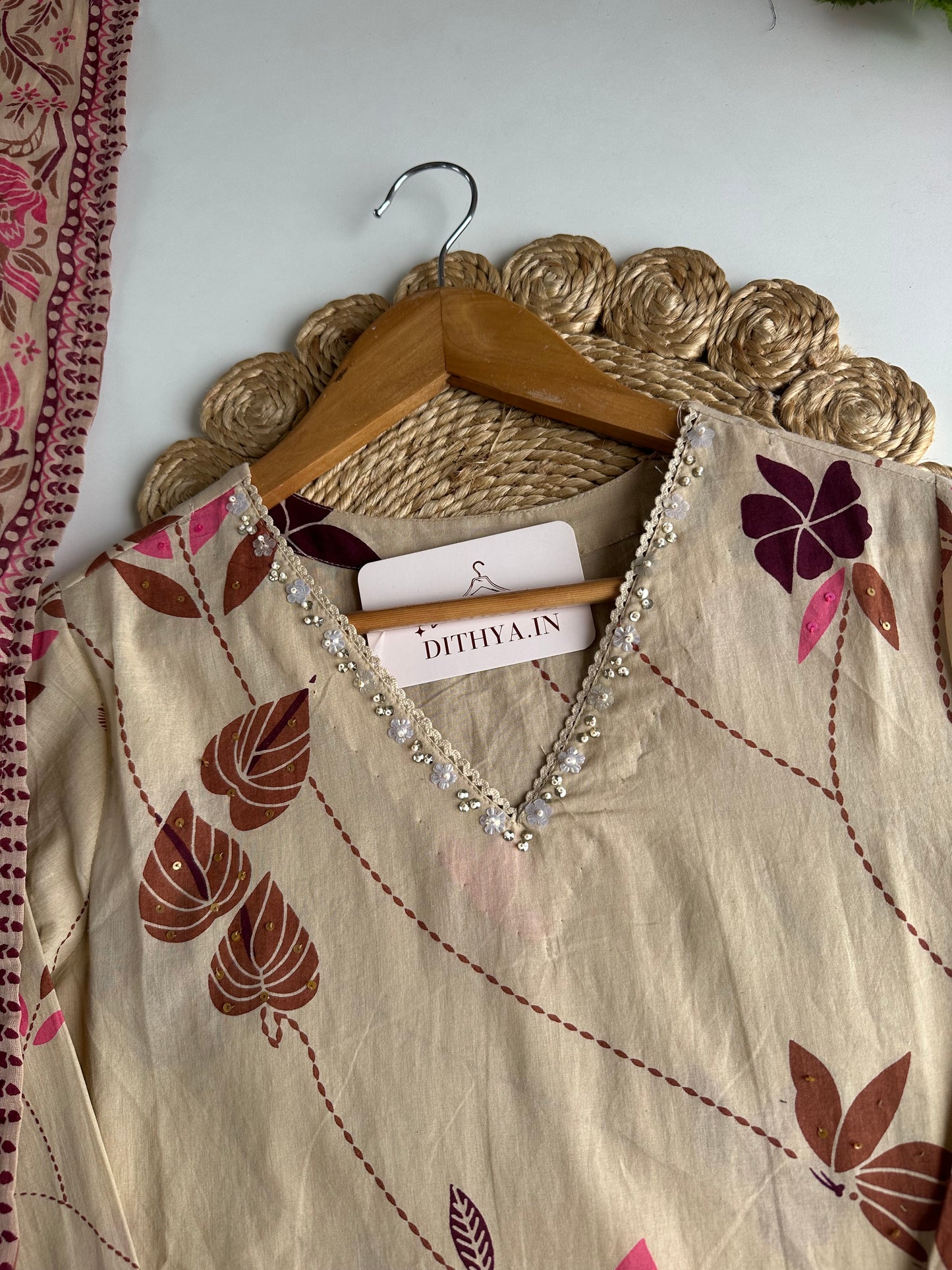 K146 - Mul cotton embroidered straight Kurti with pants and dupatta