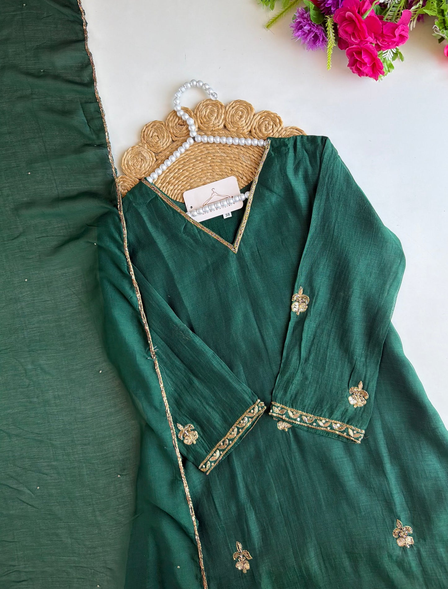 K260 - Mul chanderi handwork Aline Kurti with pants and dupatta