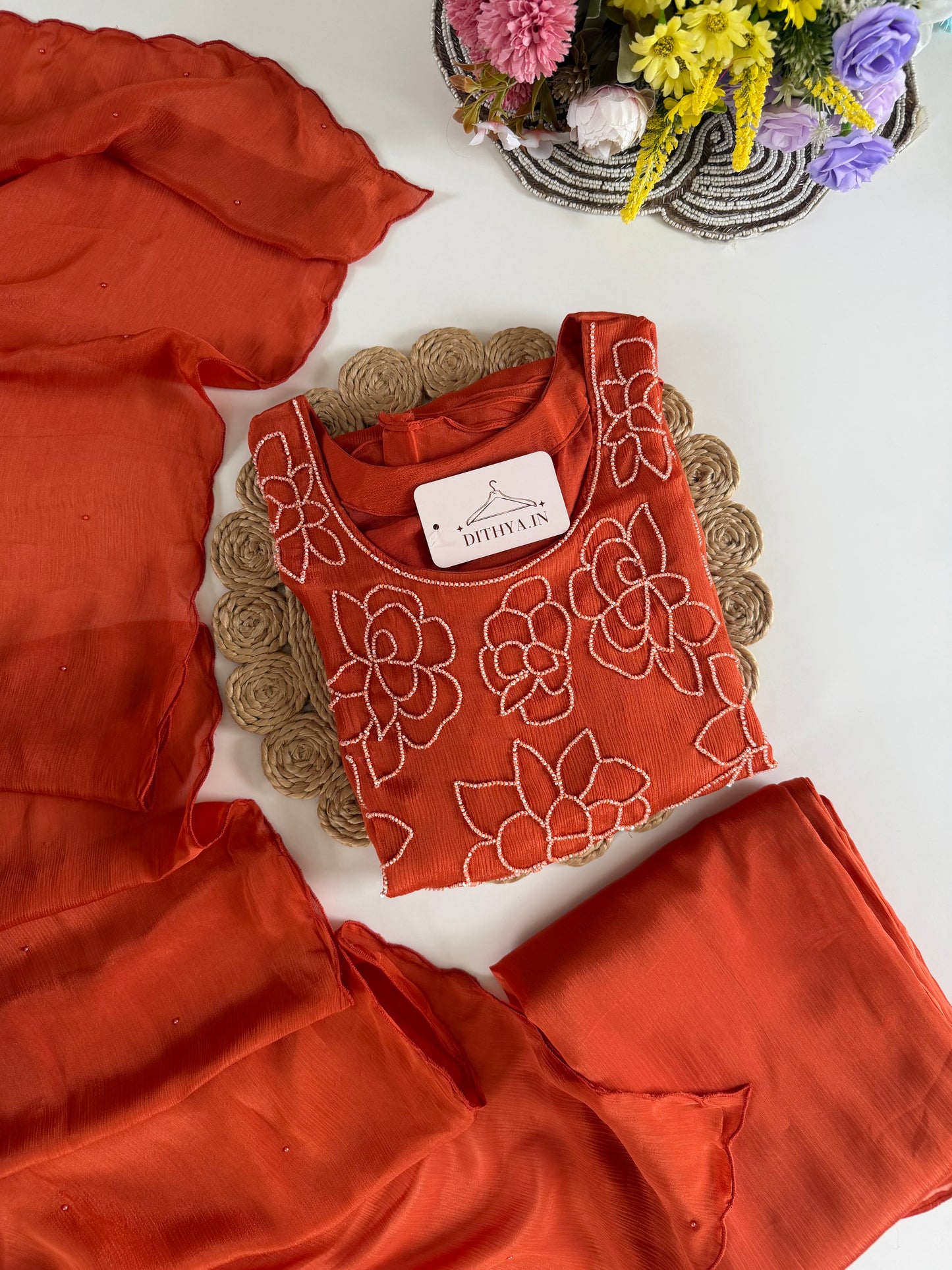 K585 - Pure Chinnon pearl work aline Kurti with pants and dupatta