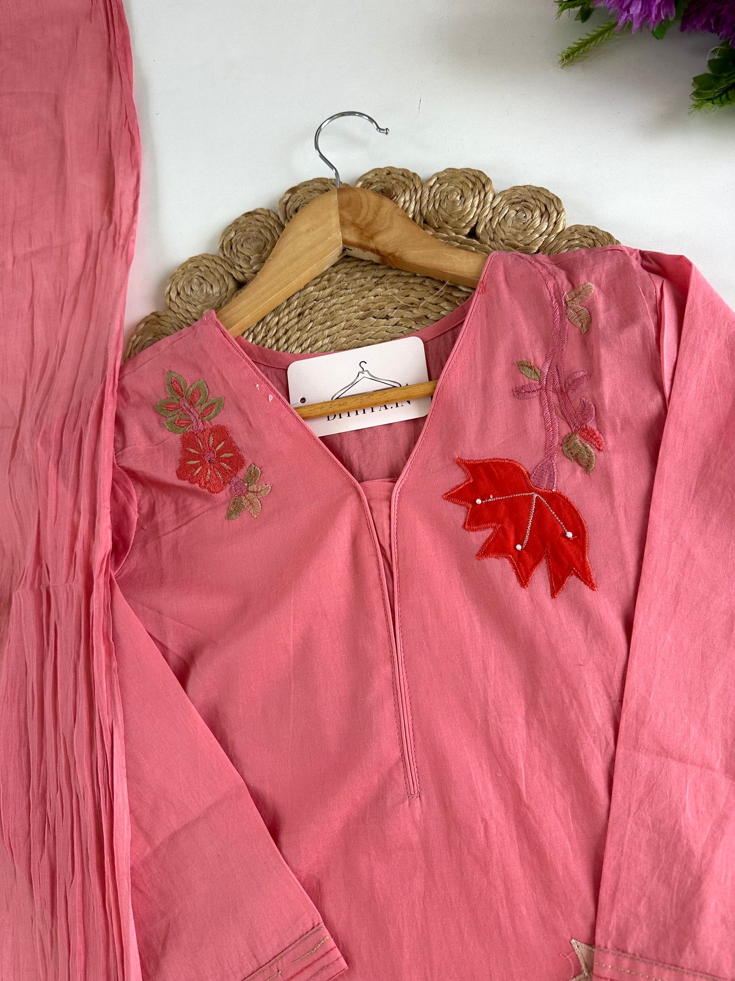 K388 - Mul cotton appliqué Aline Kurti with pants and dupatta
