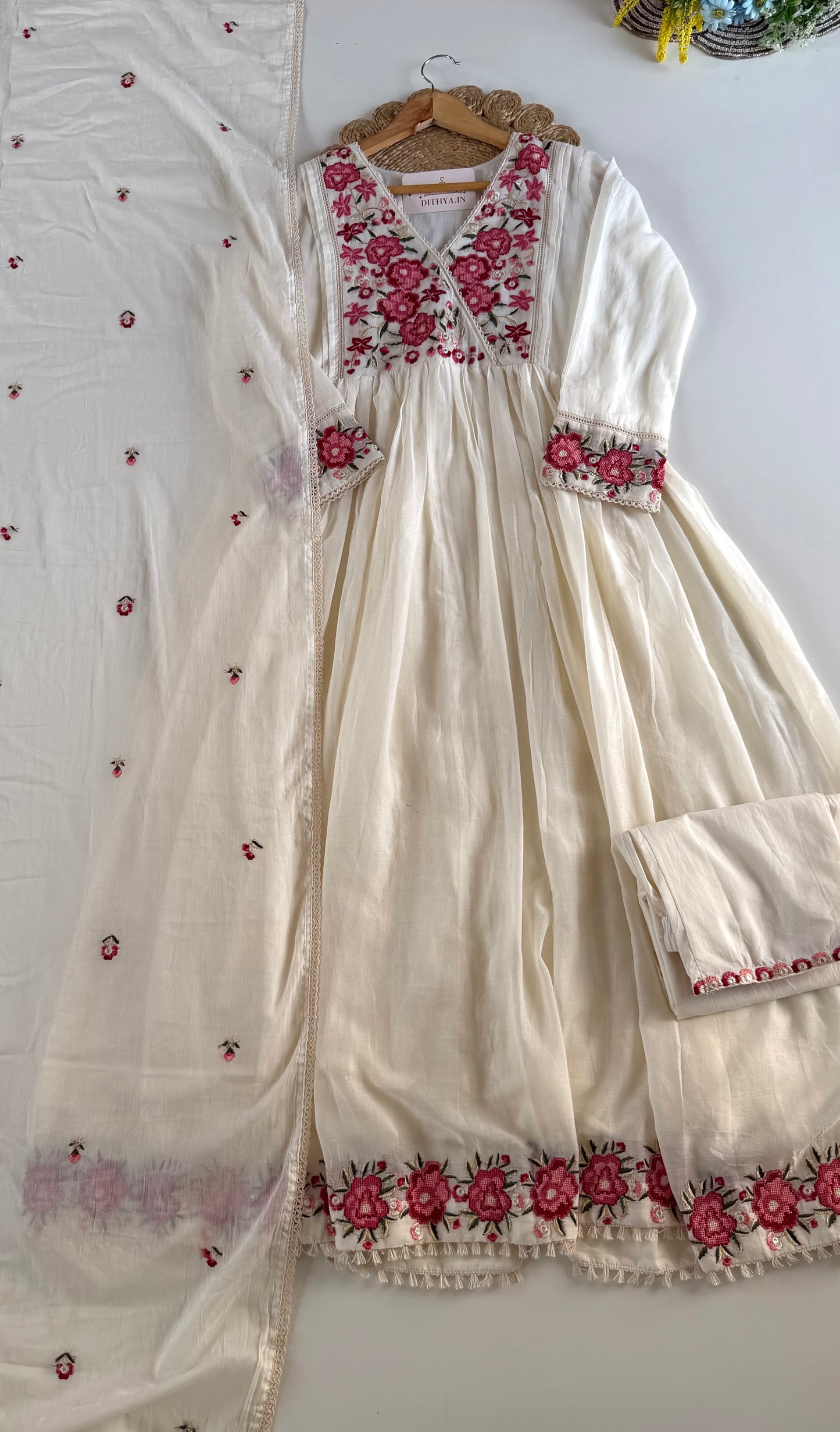 K476 - Mul Mul cotton embroidered Anarkali with pants and dupatta in 2 colours