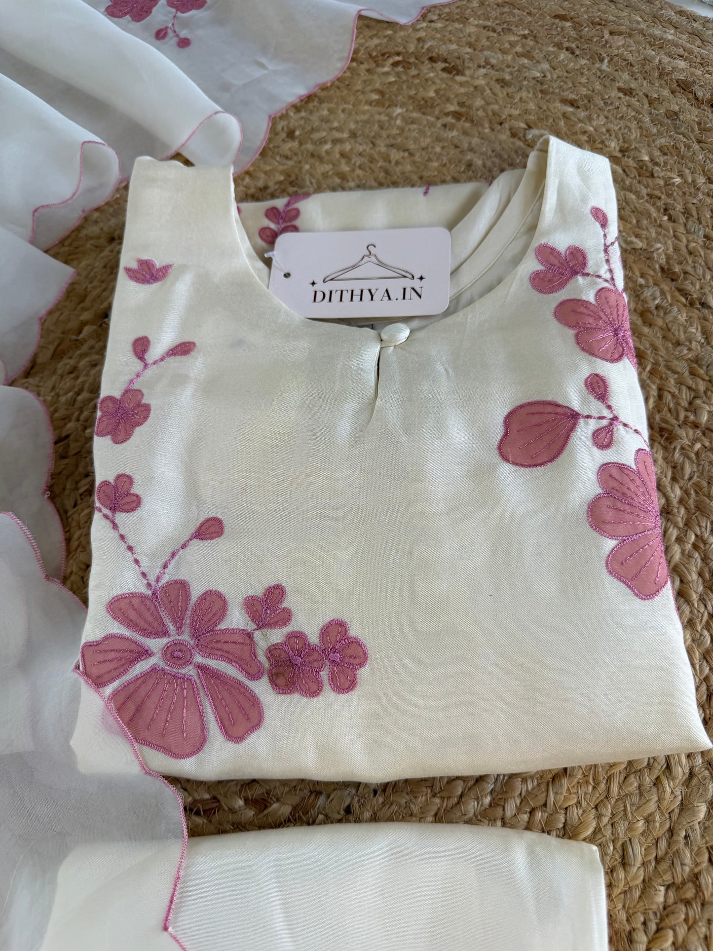 K603 - Russian silk appliqué work straight Kurti with pants and dupatta