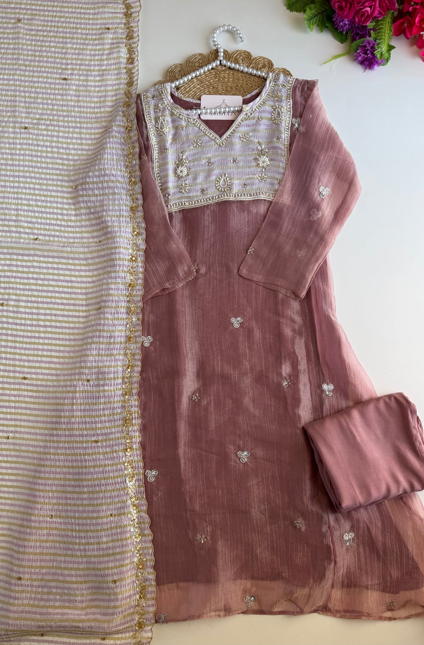 K684 - Crushed tissue handwork Aline Kurti with pants and dupatta