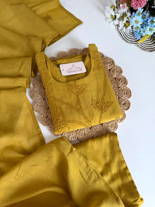 K261 - Mul chanderi knot work straight Kurti with pants and dupatta