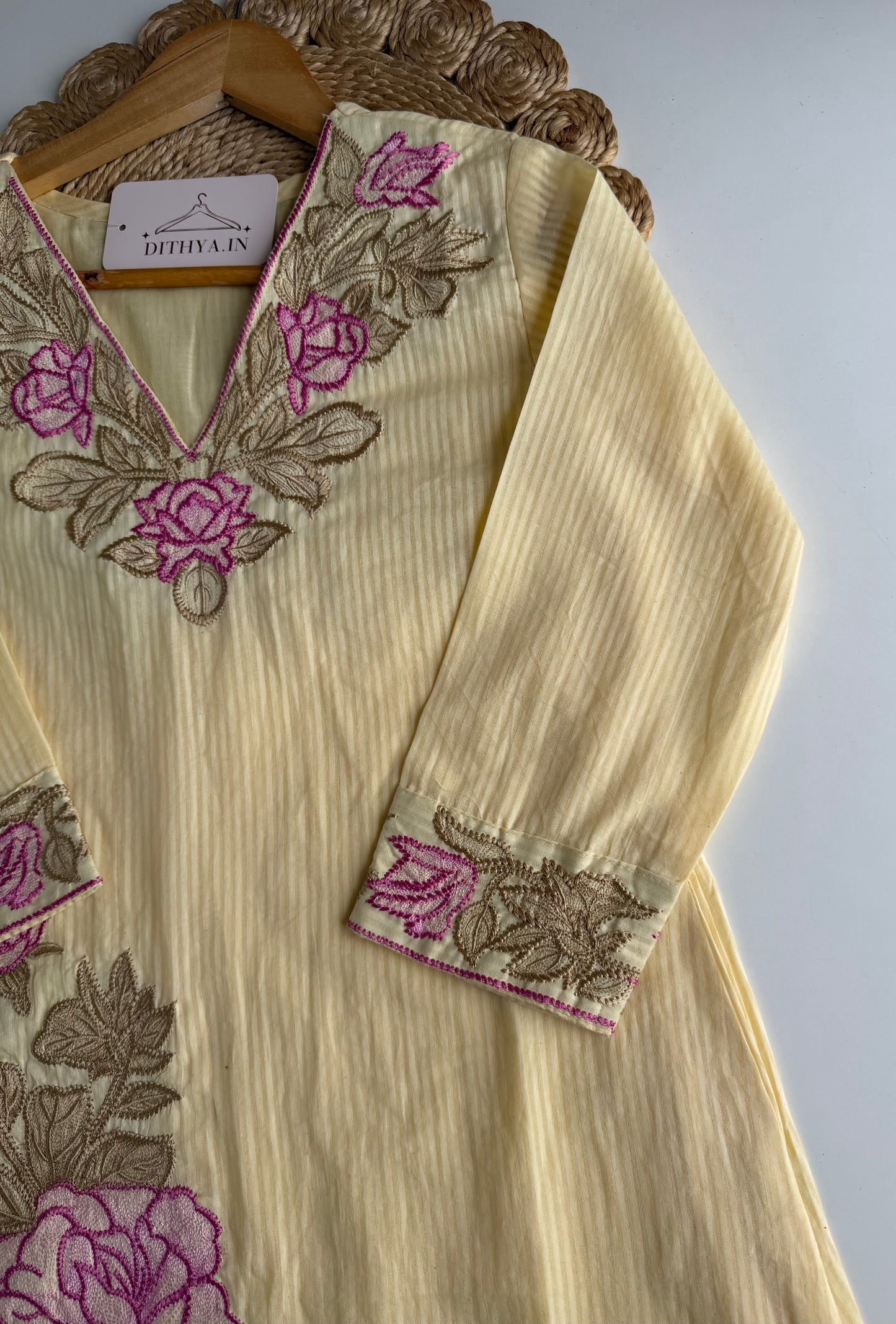K109 - Self Mul cotton embroidered Aline Kurti with pants and dupatta