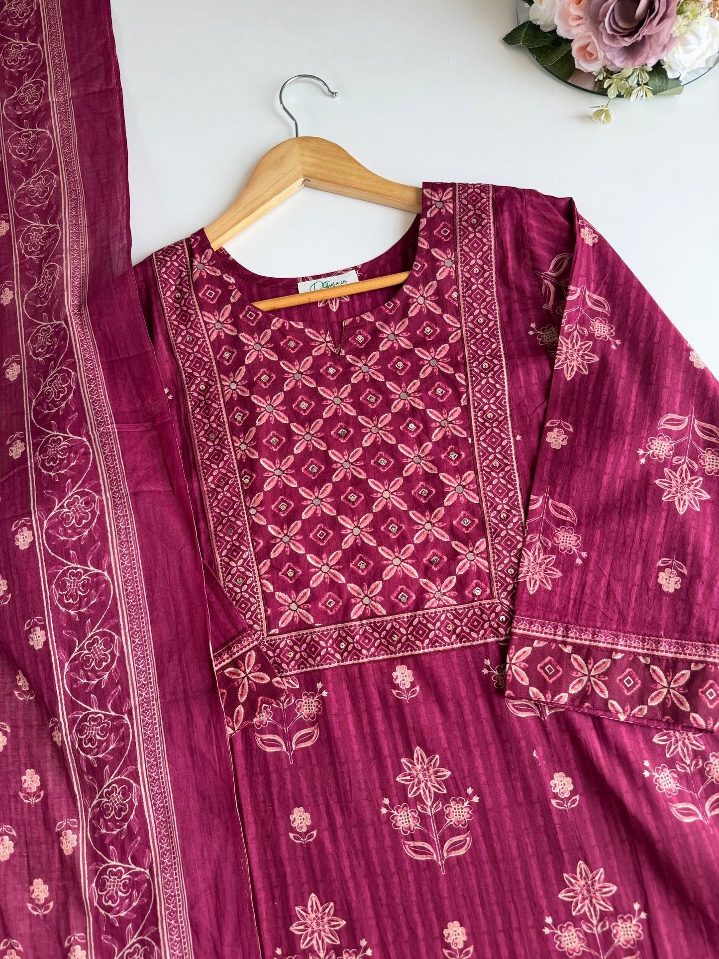K571 - Mul cotton embroidered straight Kurti with pants and dupatta