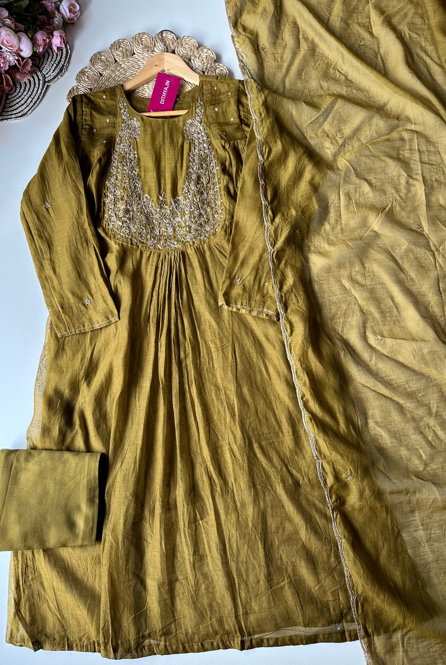 K197 - Mul Chanderi zari work Aline Kurti with pants and dupatta