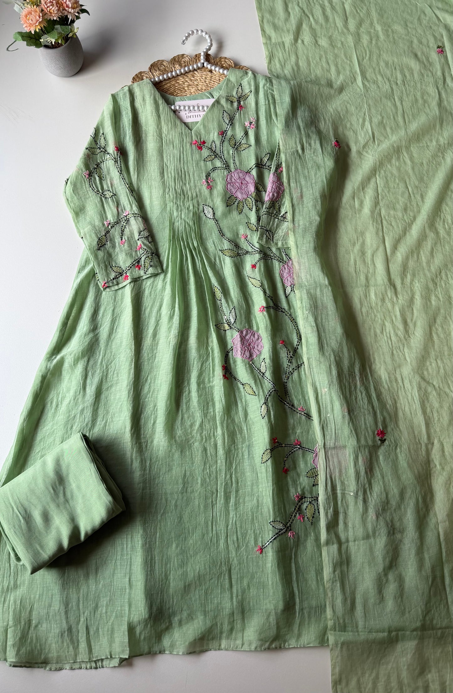 K636 - Mul chanderi hand embroidered Aline Kurti with pants and dupatta