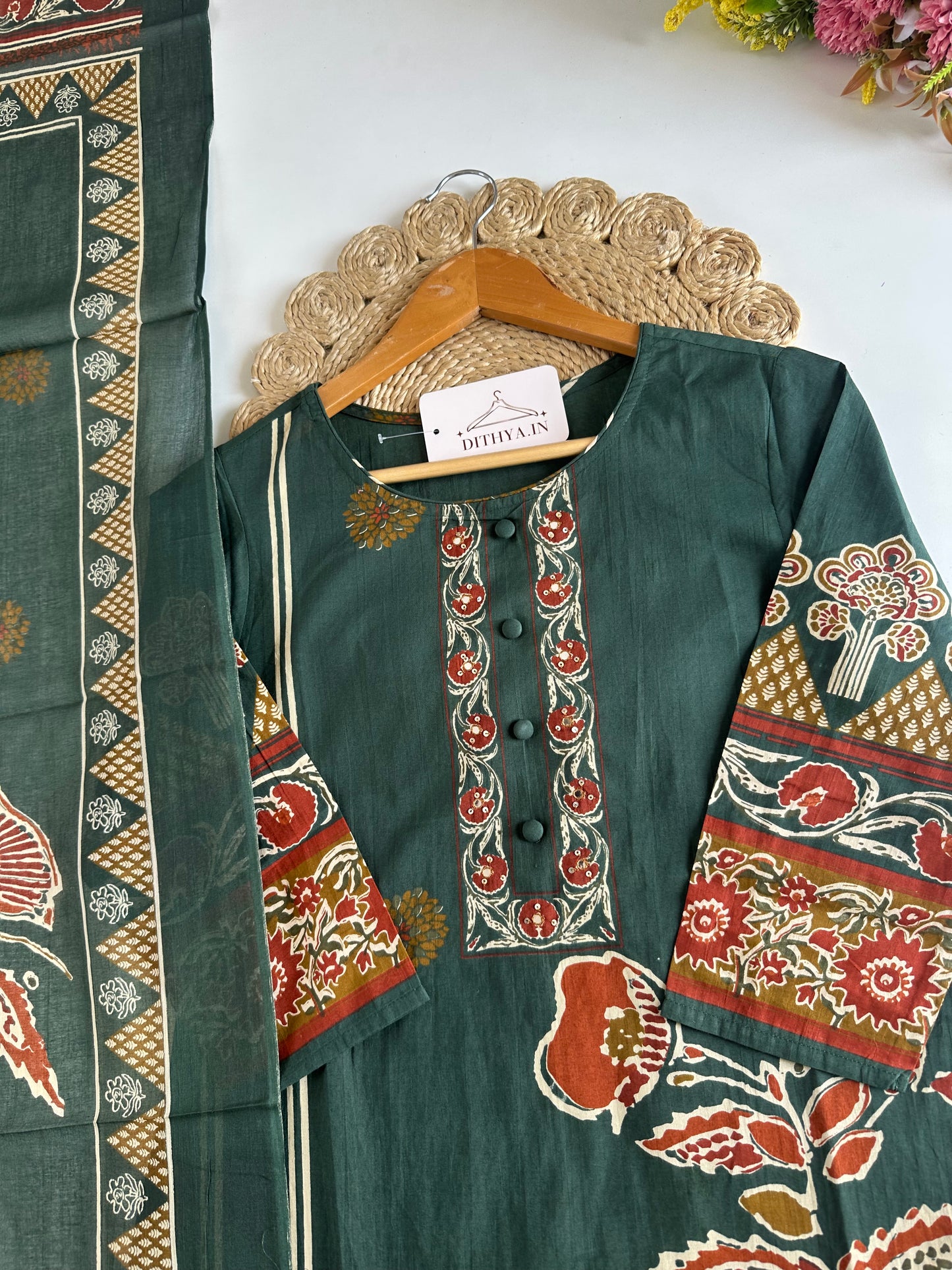 K341 - Mul cotton printed straight Kurti with pants and dupatta