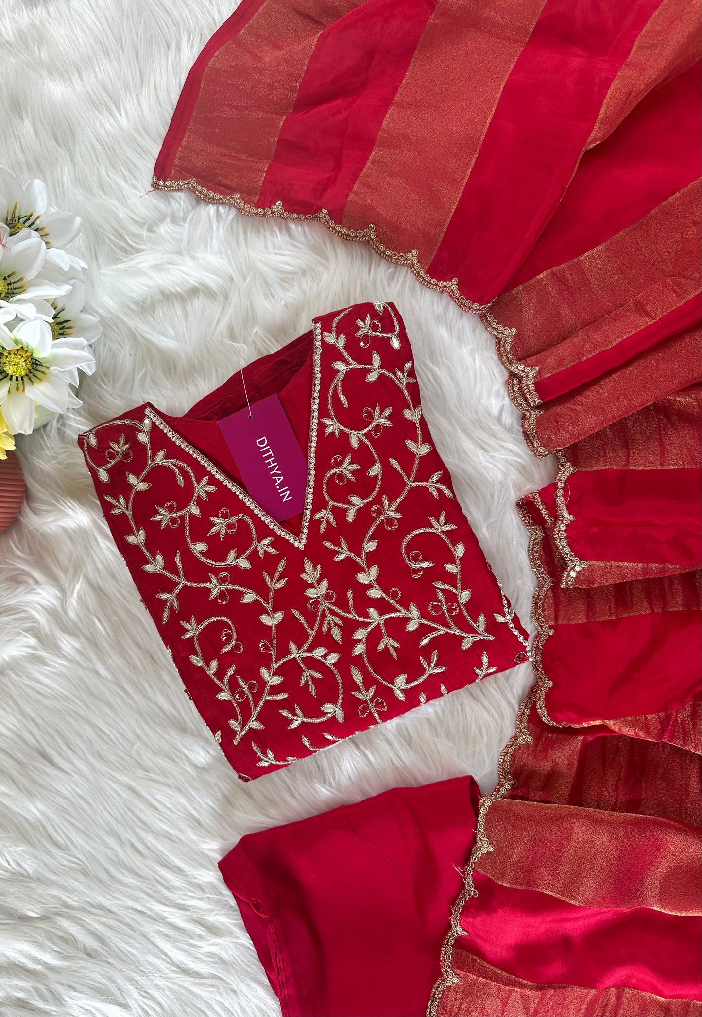 K419 - Russian silk handwork Aline Kurti with pants and dupatta