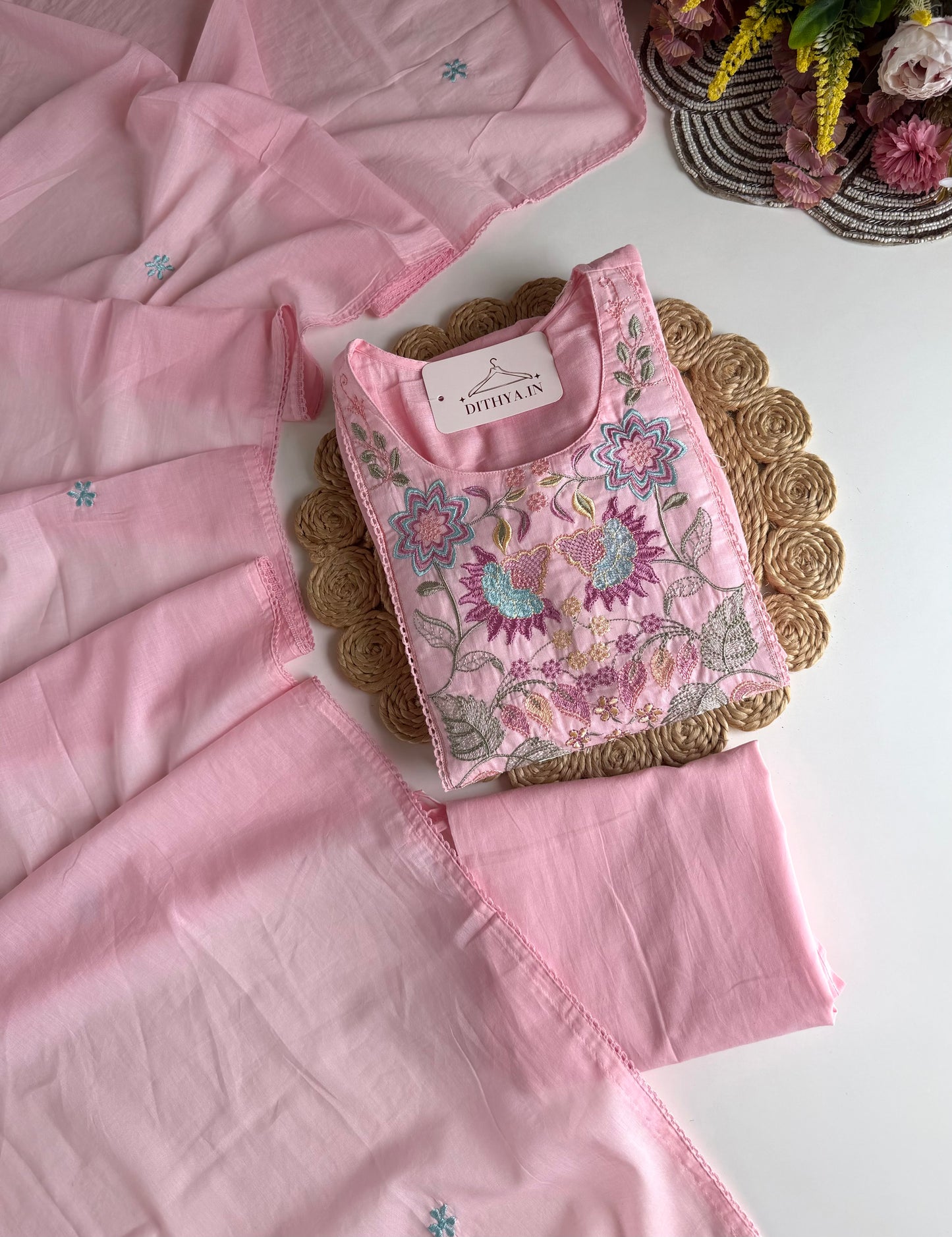 K215 - Mul cotton embroidered Anarkali with pants and dupatta in 2 colours