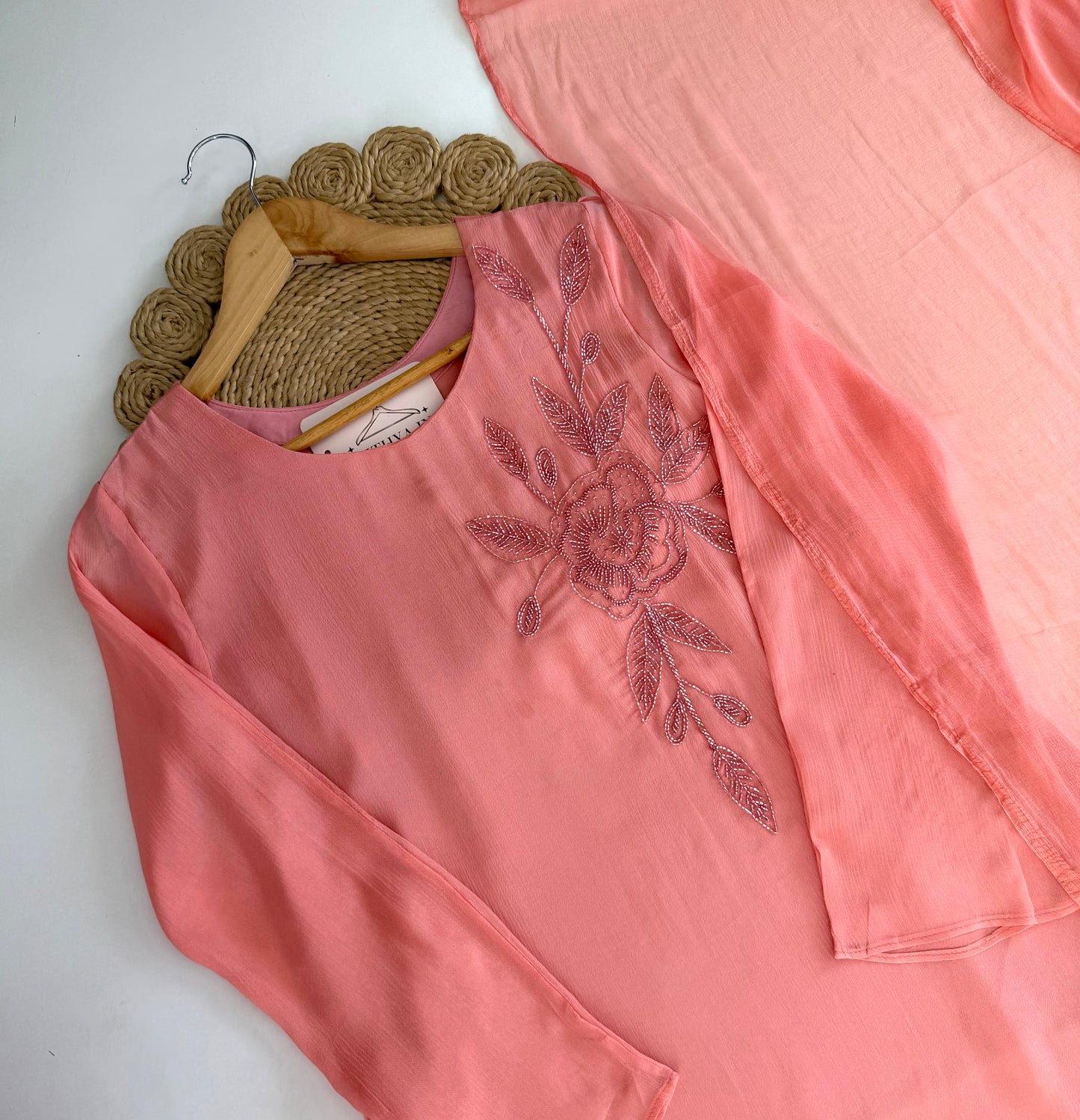 K057 - Pure Chinnon Handwork Aline Kurti with pants and dupatta