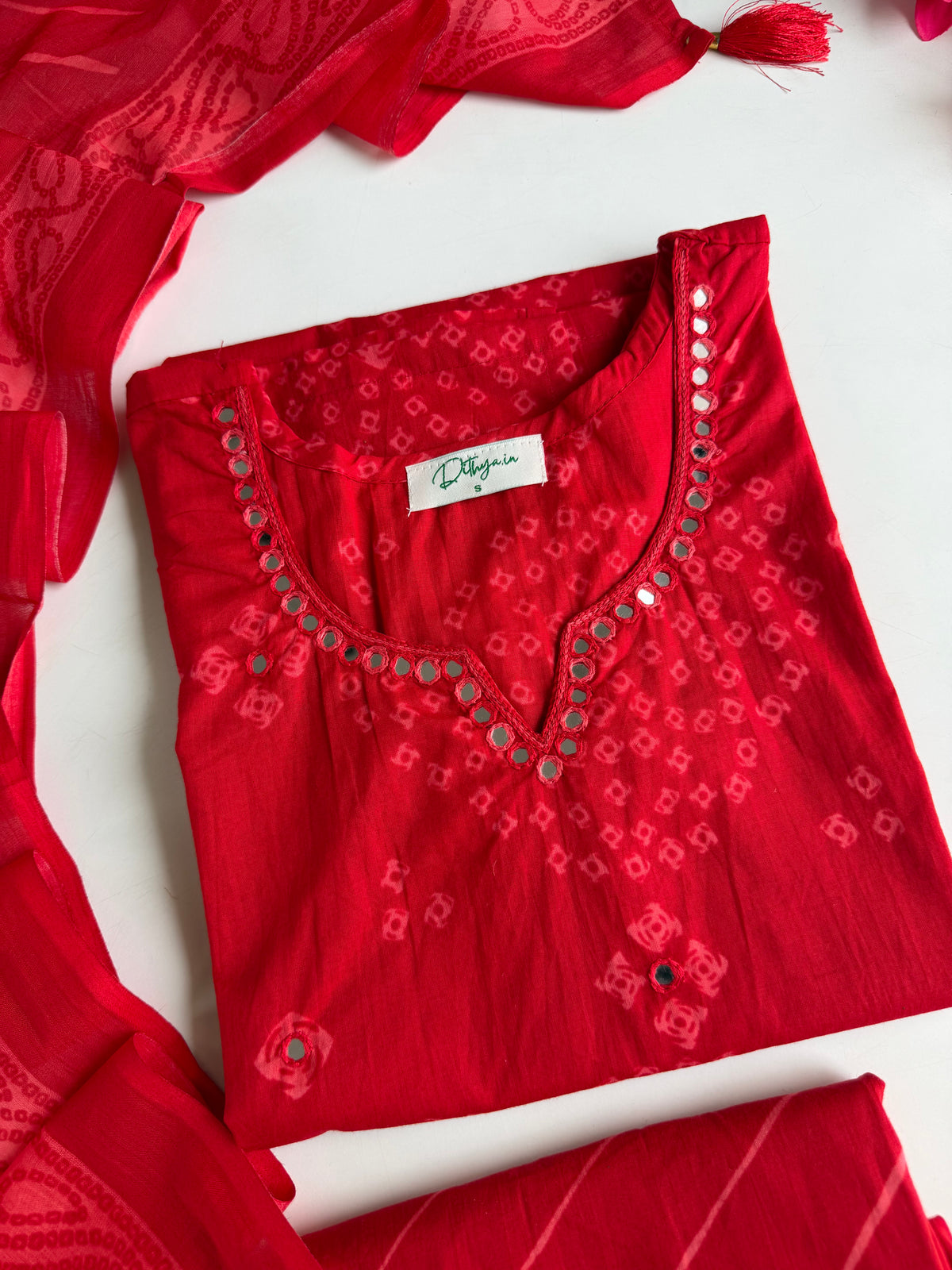 K106 - Mul cotton bandhini straight Kurti with pants and dupatta