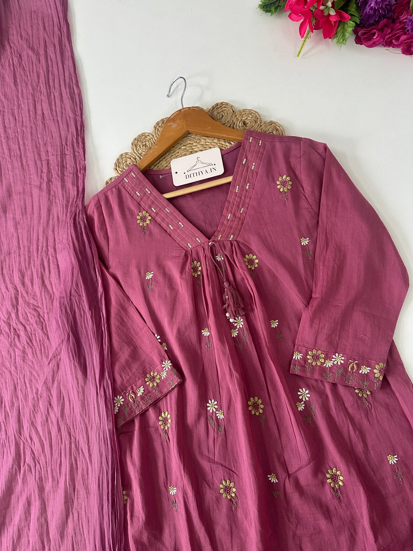 K395 - Mul cotton embroidered Aline Kurti with pants and dupatta in 3 colours