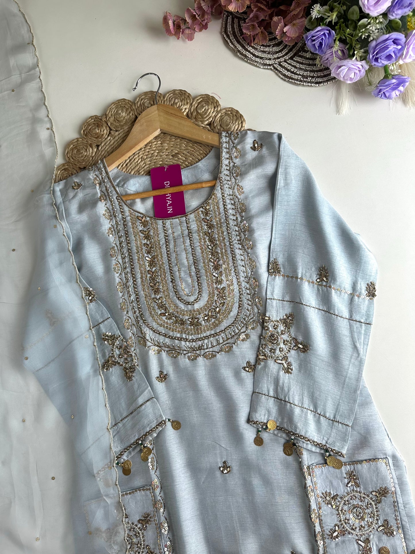 K188 - Russian silk handwork straight Kurti with pants and dupatta in 2 colours