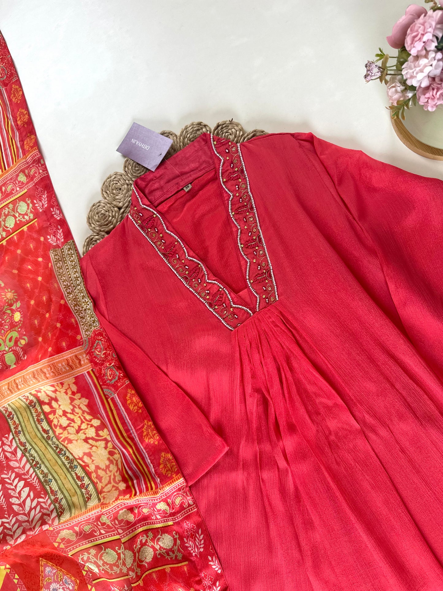 K327 - Pure chinnon Aline Kurti with pants and floral dupatta .