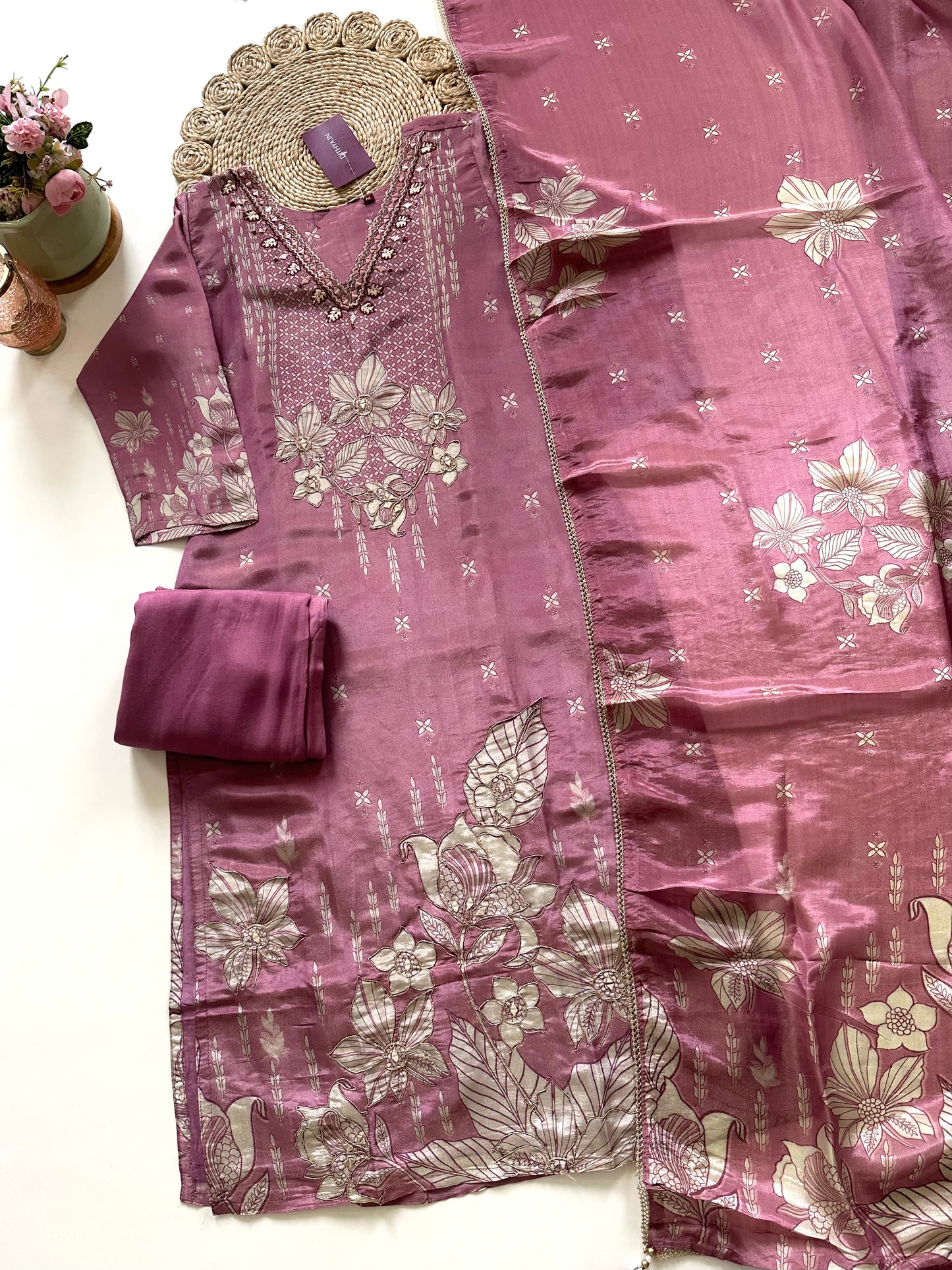 K335 - Printed tissue silk straight kurti with pants and dupatta .